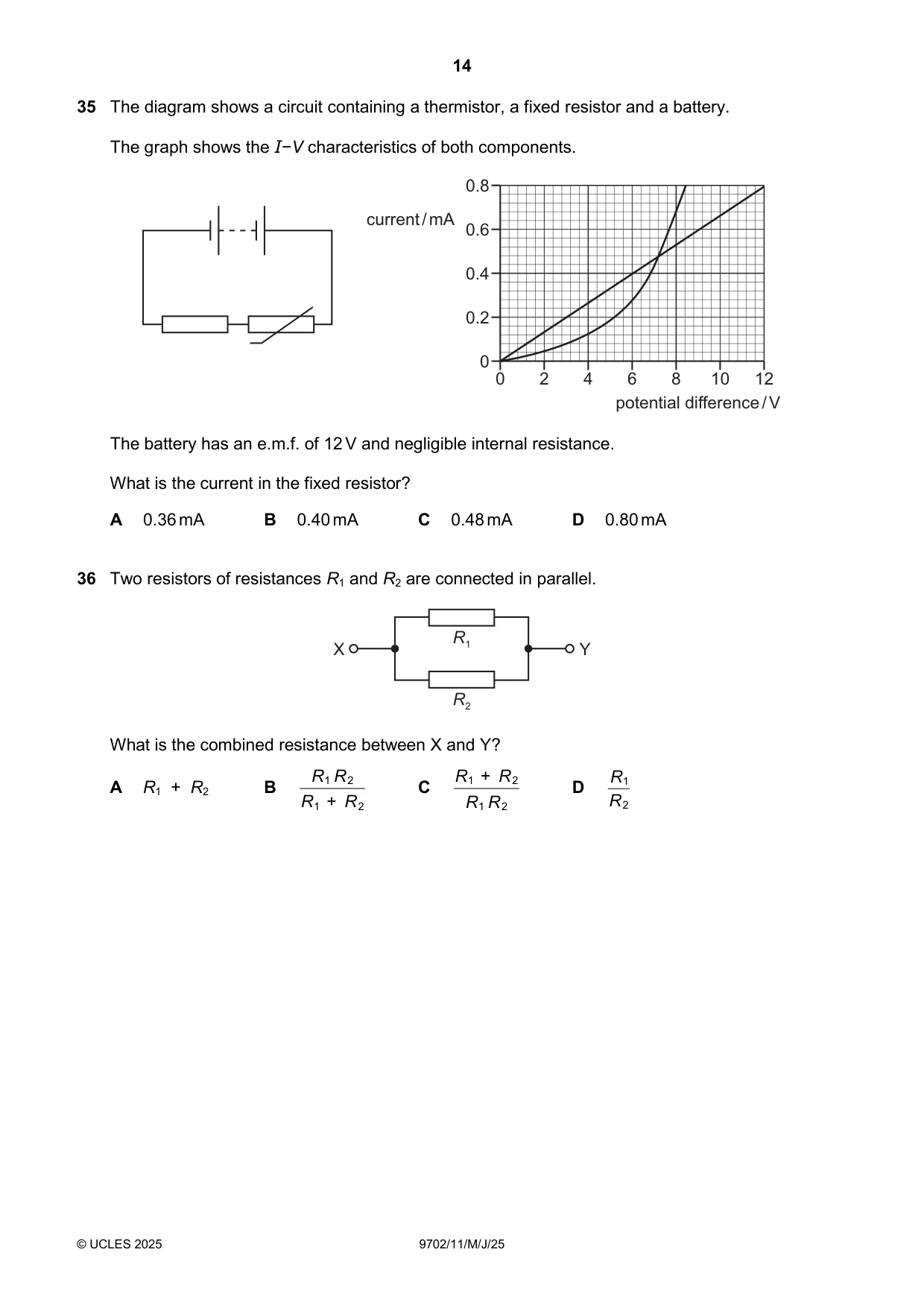 Cambridge A Level Physics 9702 2025 May/June Paper 1 · Variant 1 question paper, page 14 of 16