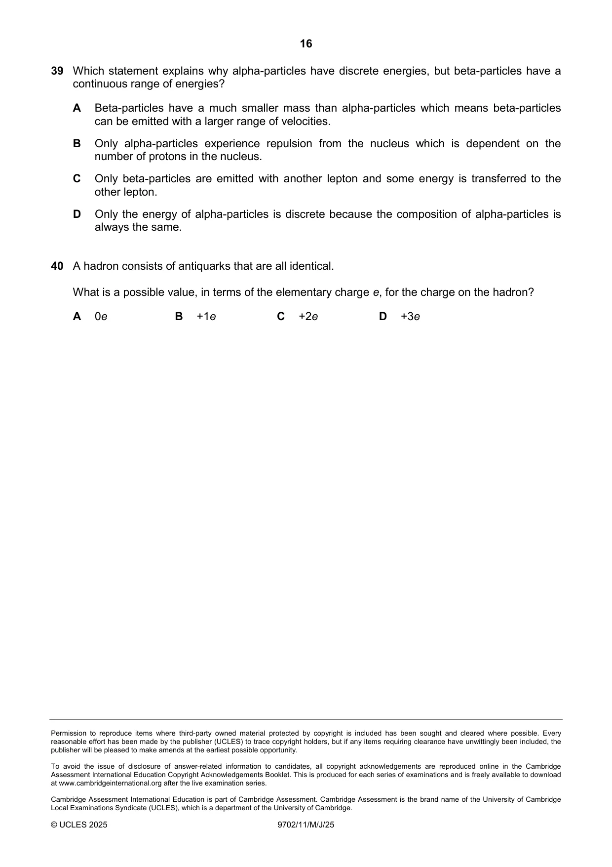 Cambridge A Level Physics 9702 2025 May/June Paper 1 · Variant 1 question paper, page 16 of 16