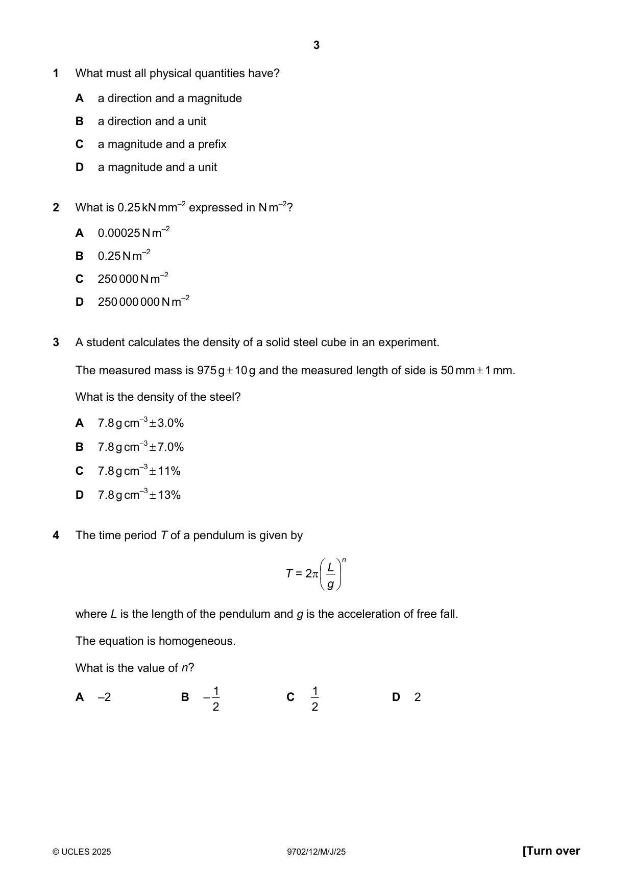 Cambridge A Level Physics 9702 2025 May/June Paper 1 · Variant 2 question paper, page 3 of 16