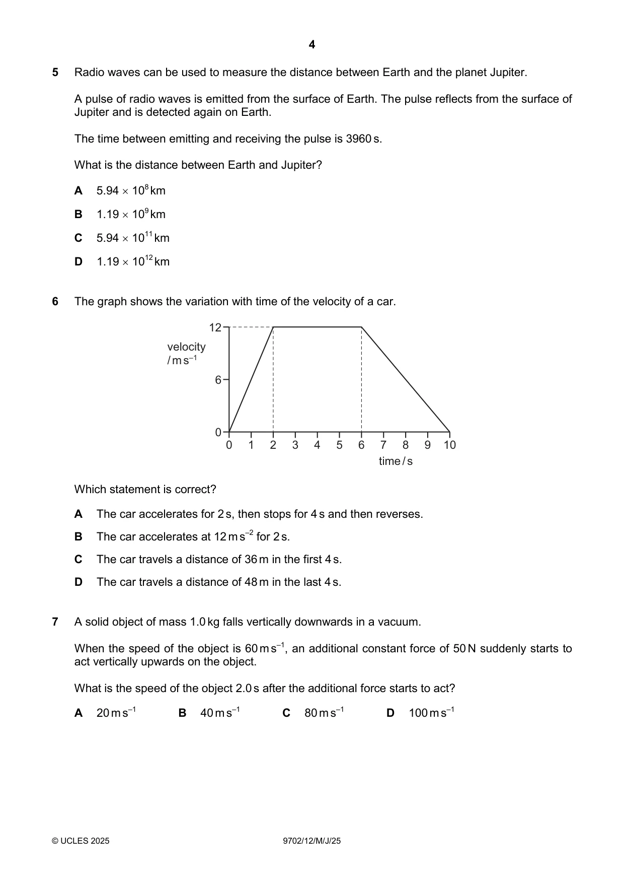 Cambridge A Level Physics 9702 2025 May/June Paper 1 · Variant 2 question paper, page 4 of 16