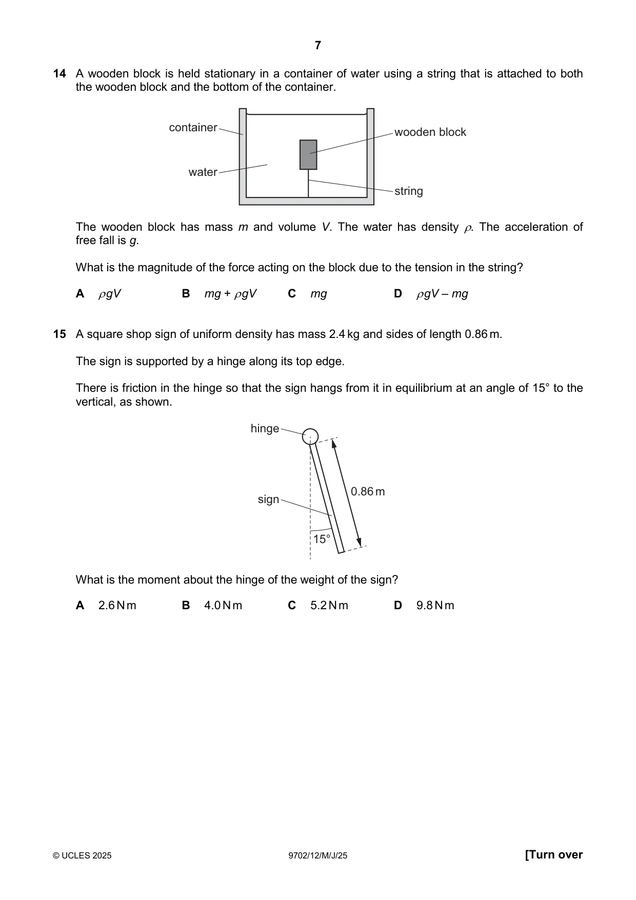 Cambridge A Level Physics 9702 2025 May/June Paper 1 · Variant 2 question paper, page 7 of 16