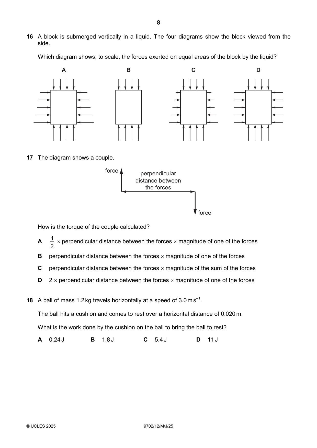 Cambridge A Level Physics 9702 2025 May/June Paper 1 · Variant 2 question paper, page 8 of 16