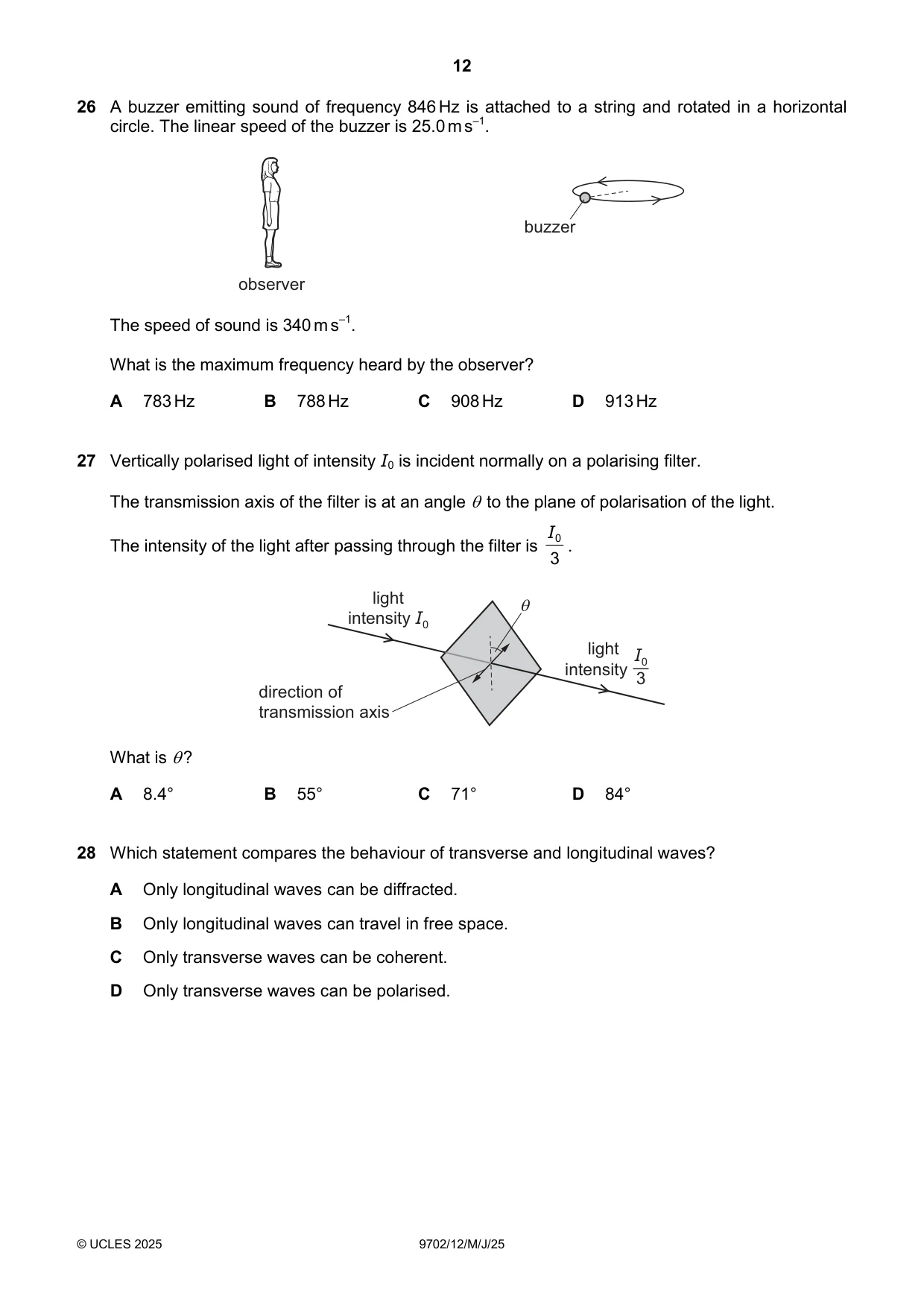 Cambridge A Level Physics 9702 2025 May/June Paper 1 · Variant 2 question paper, page 12 of 16