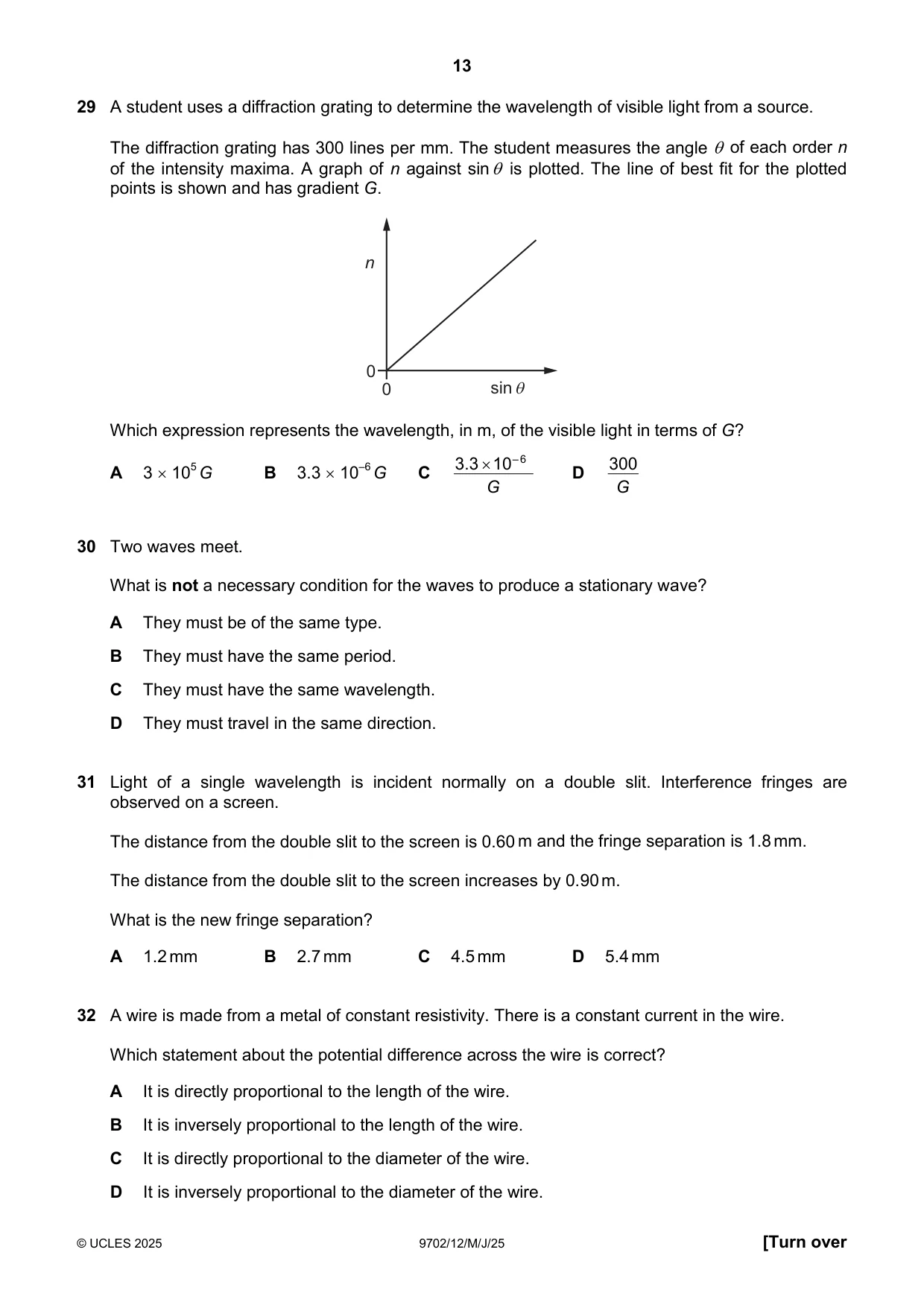 Cambridge A Level Physics 9702 2025 May/June Paper 1 · Variant 2 question paper, page 13 of 16