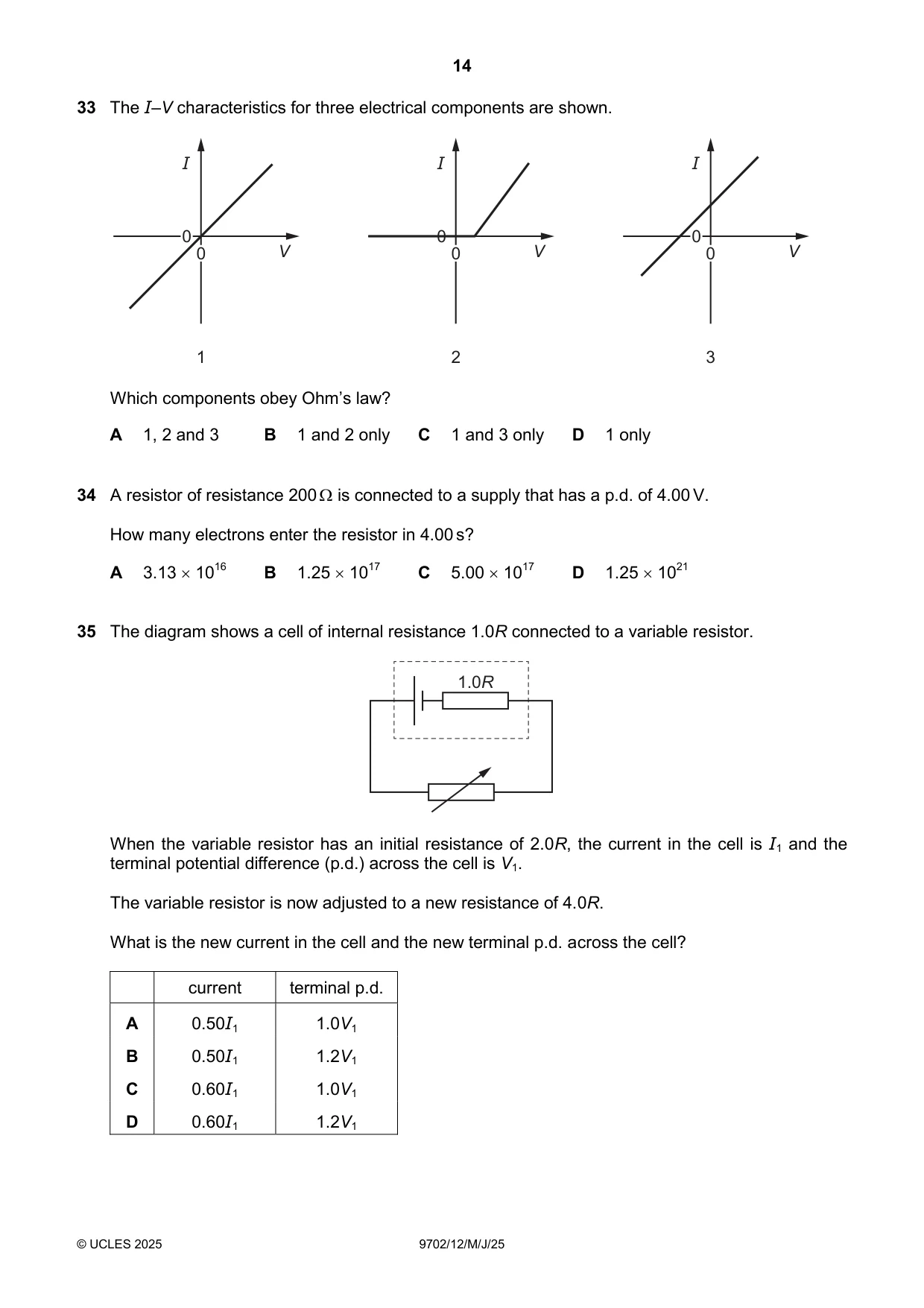 Cambridge A Level Physics 9702 2025 May/June Paper 1 · Variant 2 question paper, page 14 of 16