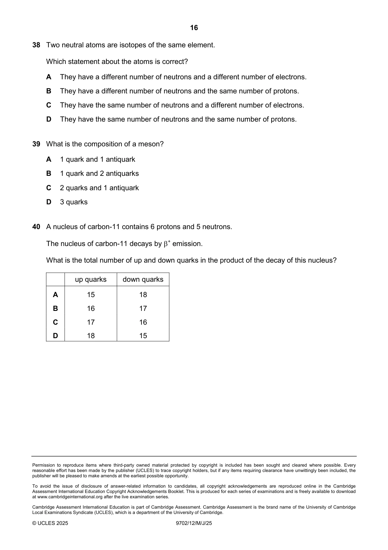 Cambridge A Level Physics 9702 2025 May/June Paper 1 · Variant 2 question paper, page 16 of 16