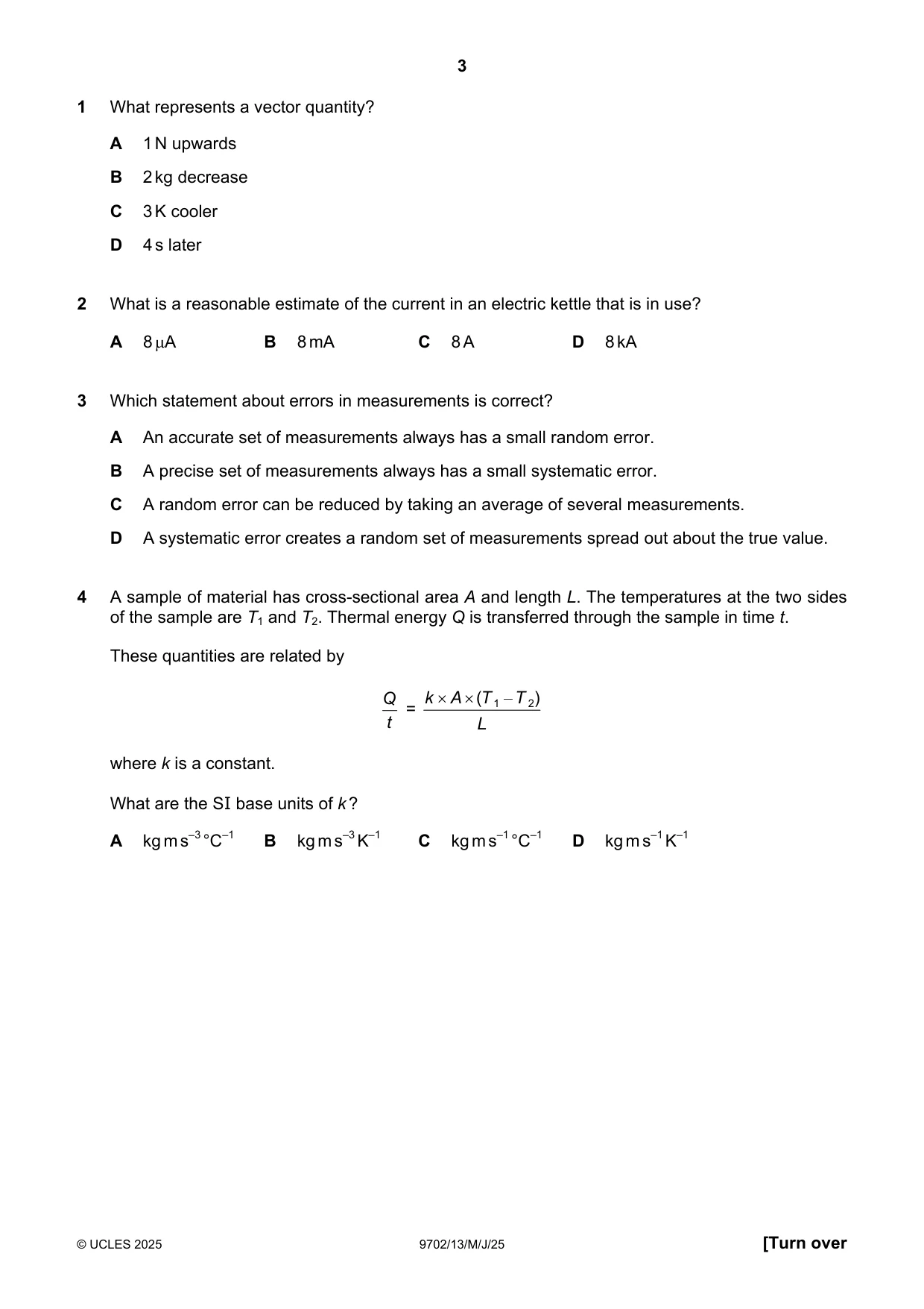 Cambridge A Level Physics 9702 2025 May/June Paper 1 · Variant 3 question paper, page 3 of 20