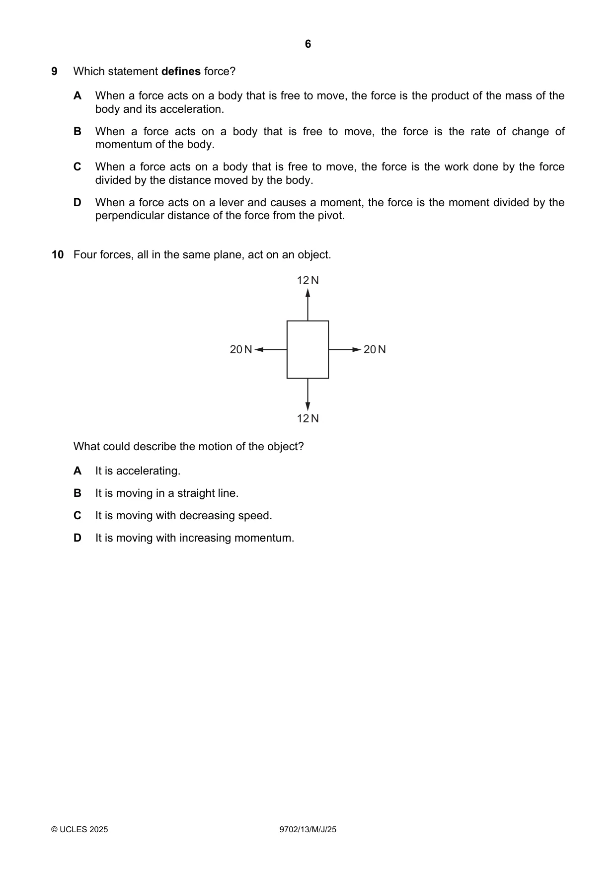 Cambridge A Level Physics 9702 2025 May/June Paper 1 · Variant 3 question paper, page 6 of 20