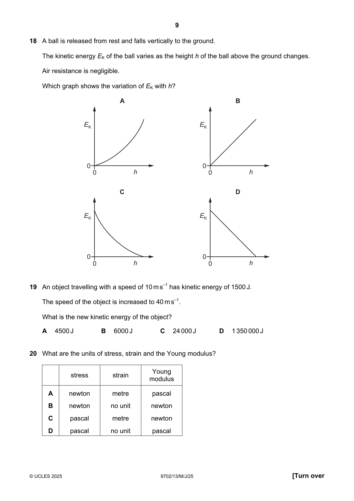 Cambridge A Level Physics 9702 2025 May/June Paper 1 · Variant 3 question paper, page 9 of 20