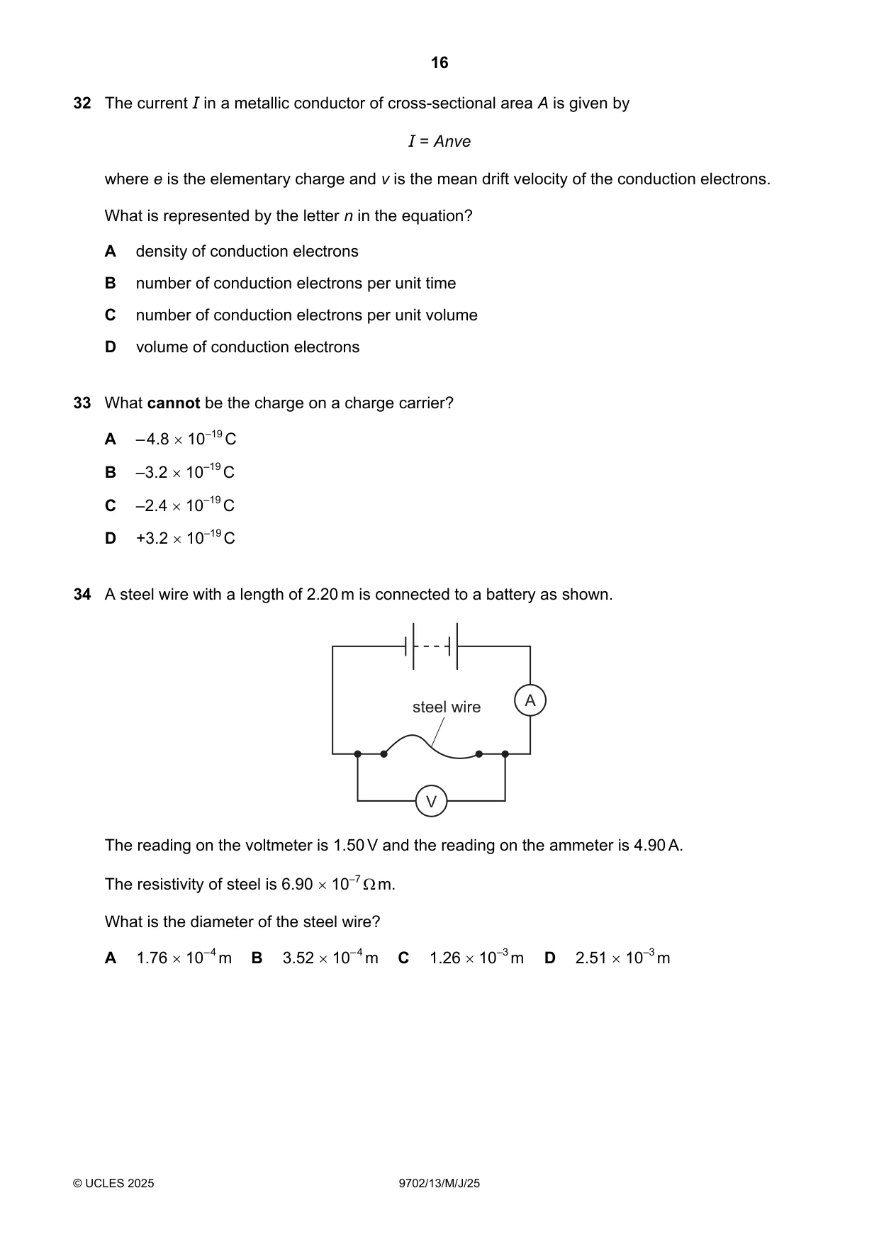 Cambridge A Level Physics 9702 2025 May/June Paper 1 · Variant 3 question paper, page 16 of 20