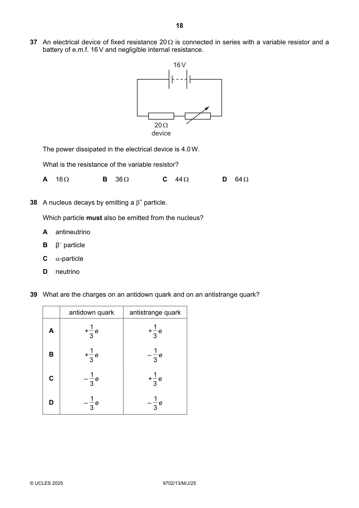 Cambridge A Level Physics 9702 2025 May/June Paper 1 · Variant 3 question paper, page 18 of 20