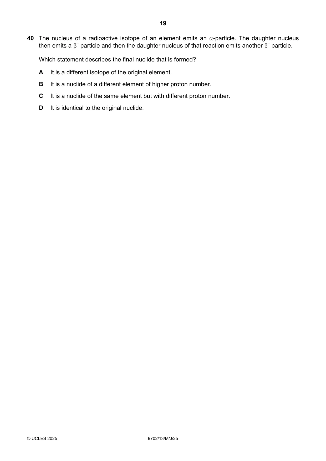 Cambridge A Level Physics 9702 2025 May/June Paper 1 · Variant 3 question paper, page 19 of 20