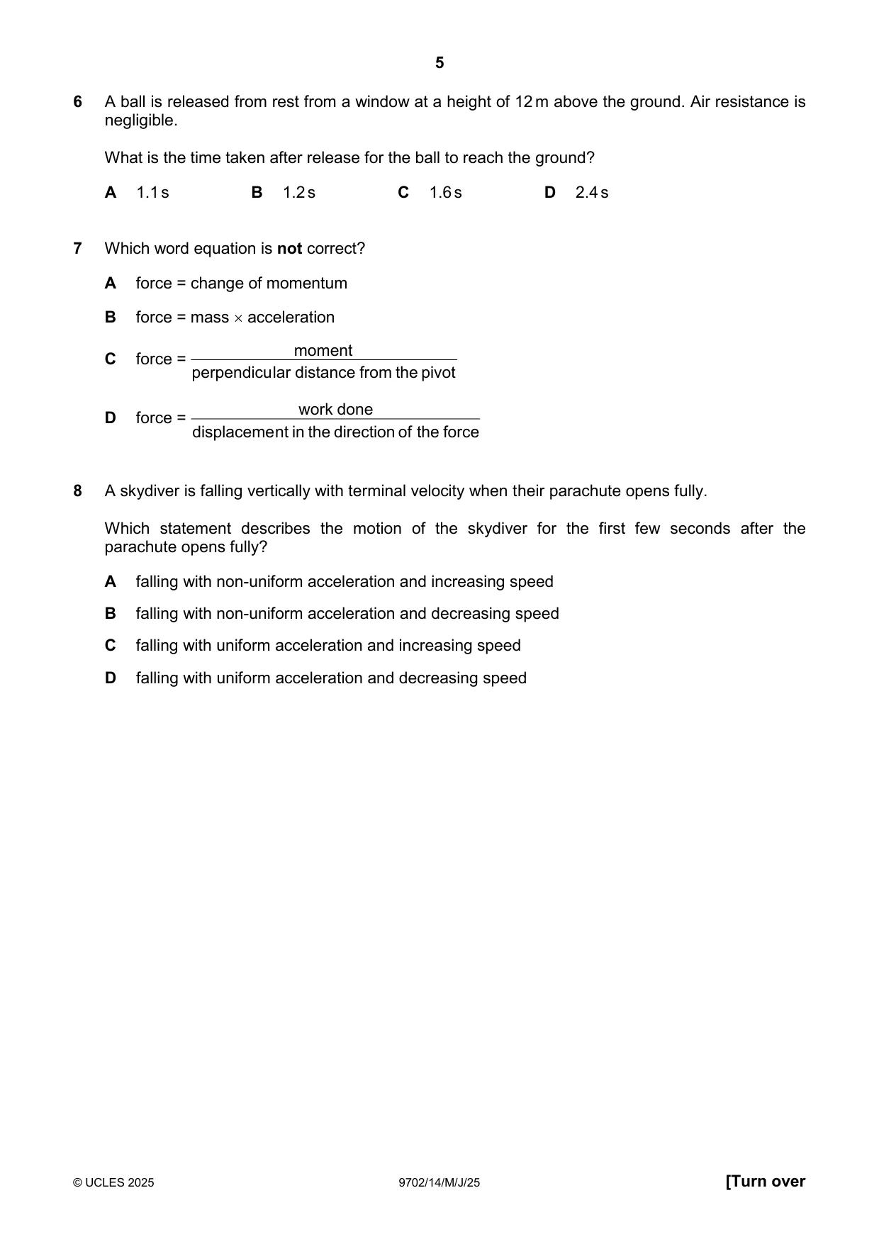 Cambridge A Level Physics 9702 2025 May/June Paper 1 · Variant 4 question paper, page 5 of 20