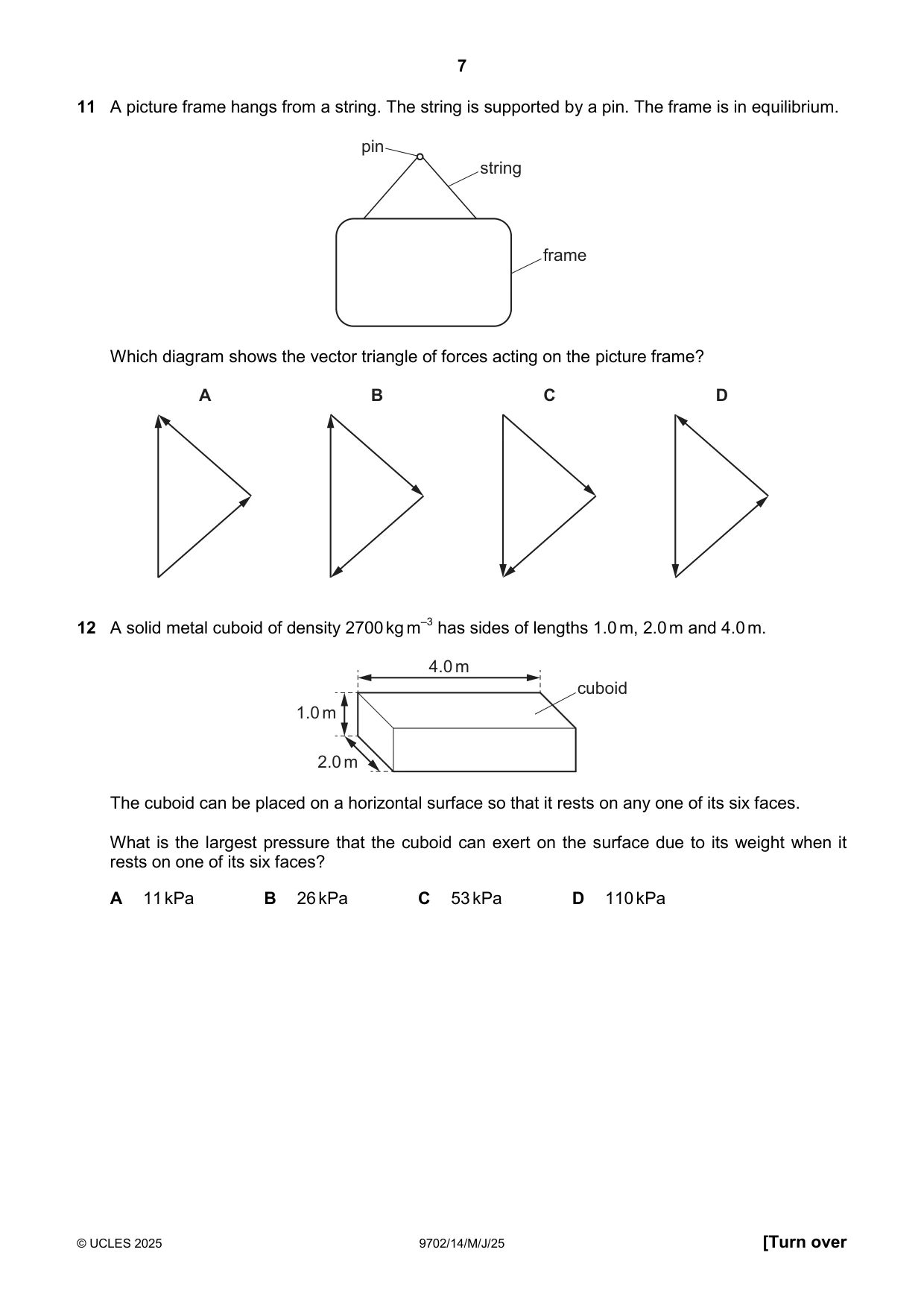 Cambridge A Level Physics 9702 2025 May/June Paper 1 · Variant 4 question paper, page 7 of 20