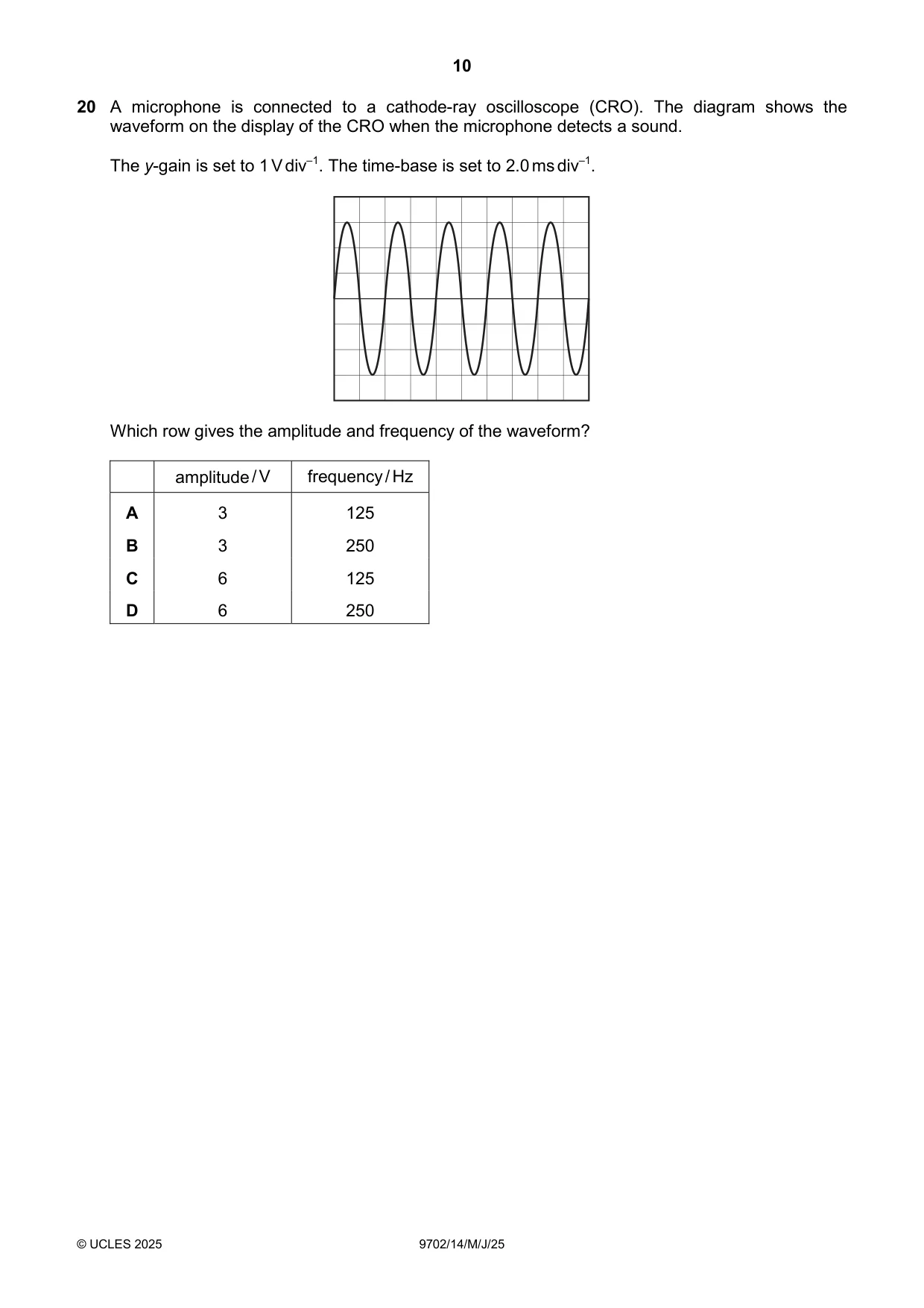 Cambridge A Level Physics 9702 2025 May/June Paper 1 · Variant 4 question paper, page 10 of 20