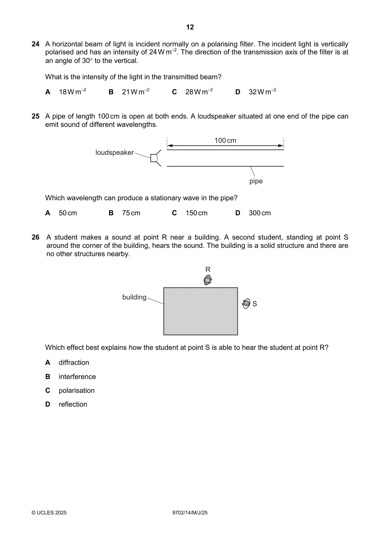 Cambridge A Level Physics 9702 2025 May/June Paper 1 · Variant 4 question paper, page 12 of 20