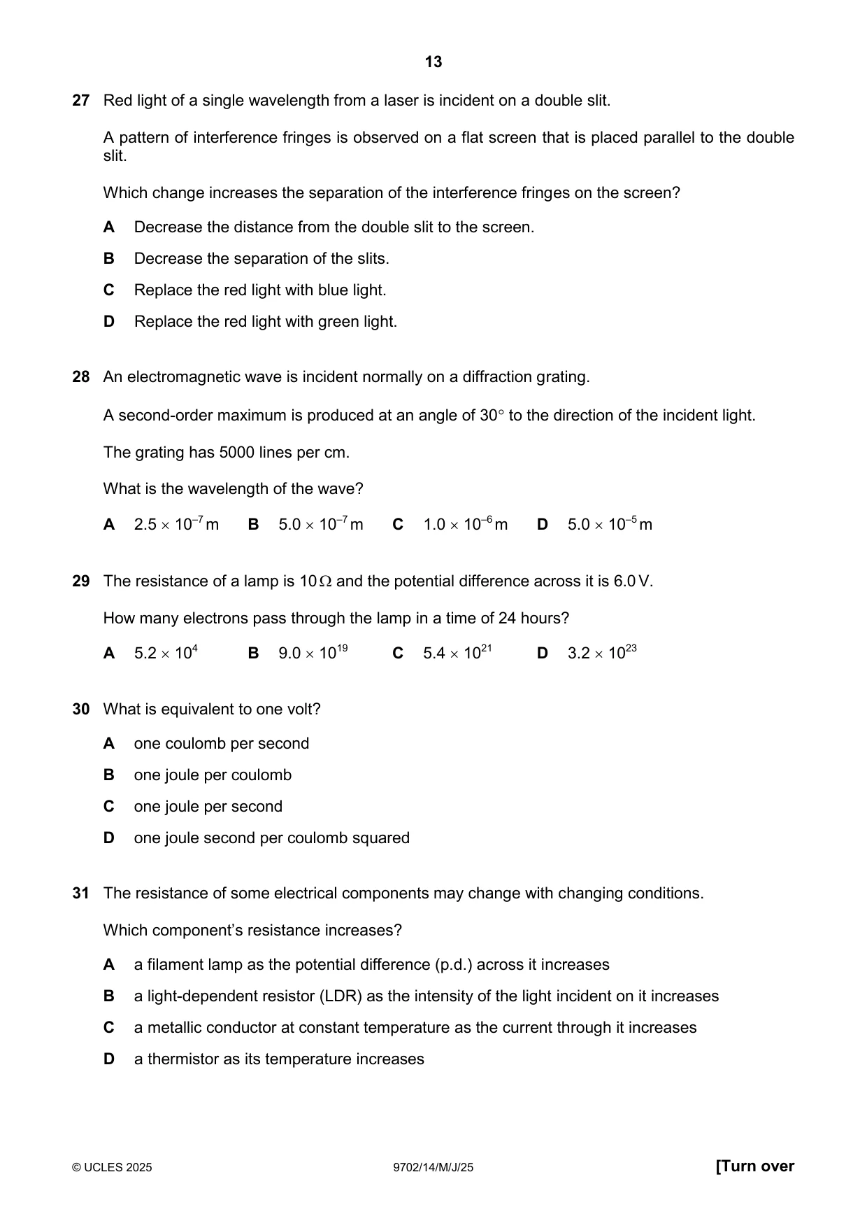 Cambridge A Level Physics 9702 2025 May/June Paper 1 · Variant 4 question paper, page 13 of 20