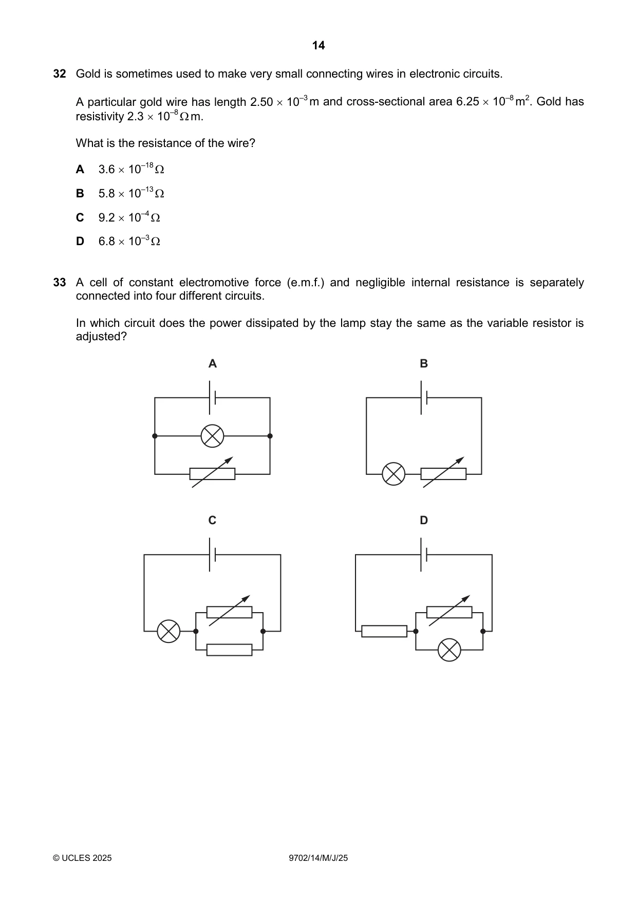 Cambridge A Level Physics 9702 2025 May/June Paper 1 · Variant 4 question paper, page 14 of 20
