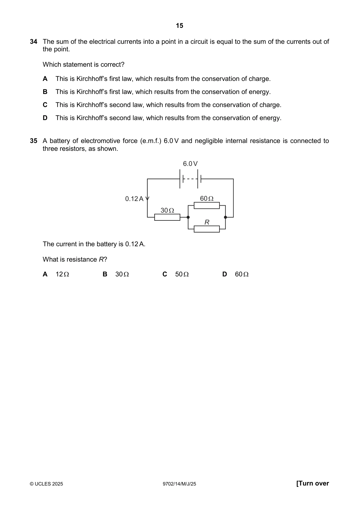 Cambridge A Level Physics 9702 2025 May/June Paper 1 · Variant 4 question paper, page 15 of 20