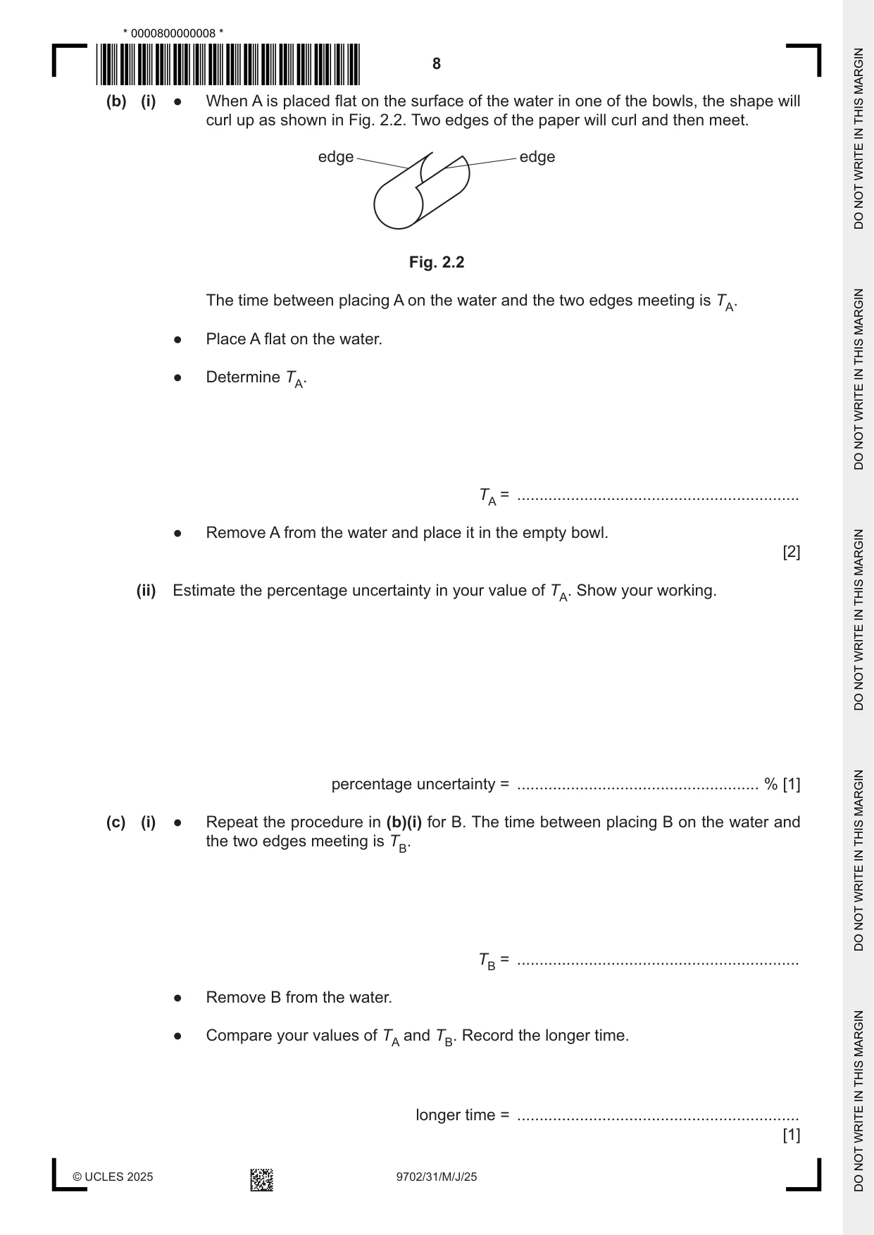 Cambridge A Level Physics 9702 2025 May/June Paper 3 · Variant 1 question paper, page 8 of 12