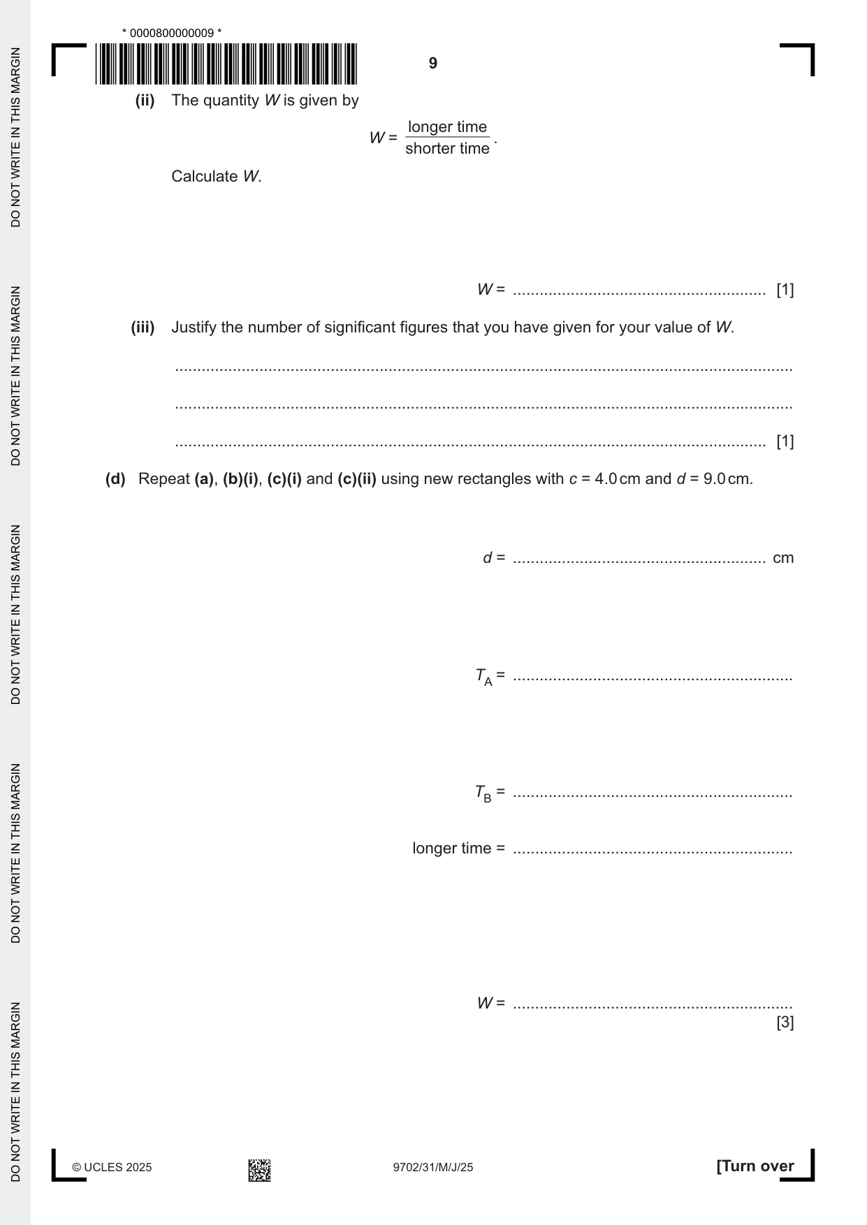 Cambridge A Level Physics 9702 2025 May/June Paper 3 · Variant 1 question paper, page 9 of 12