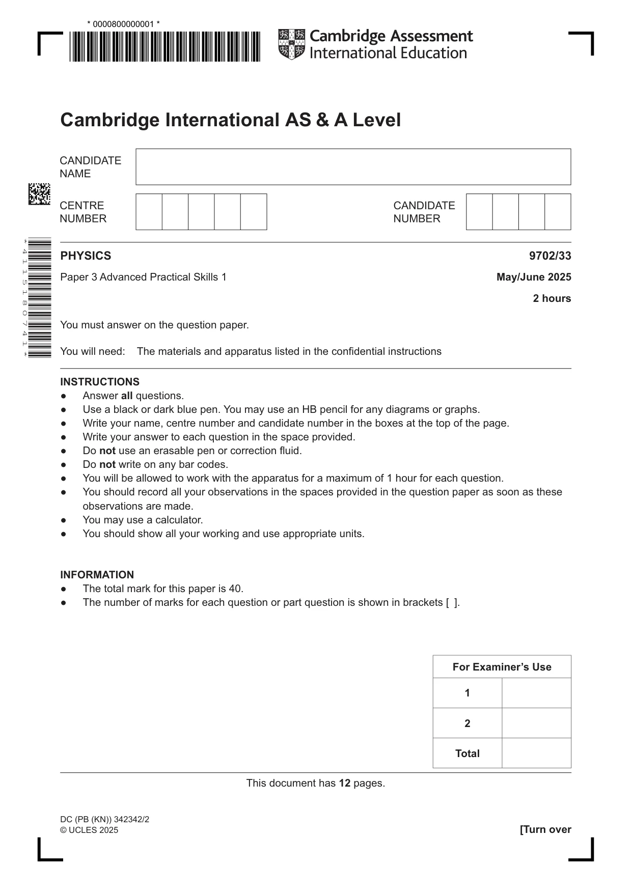 Cambridge A Level Physics 9702 2025 May/June Paper 3 · Variant 3 question paper, page 1 of 12