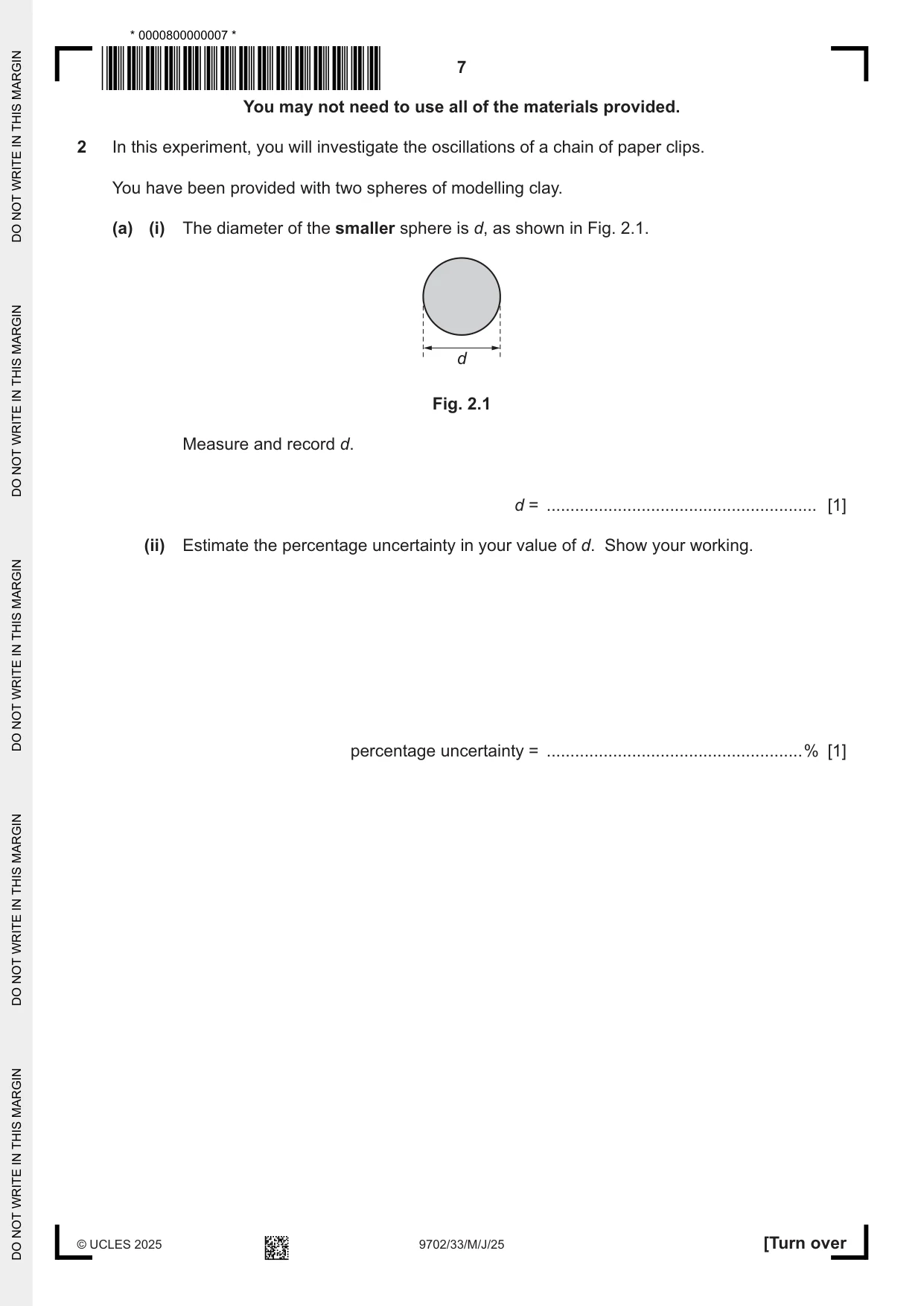 Cambridge A Level Physics 9702 2025 May/June Paper 3 · Variant 3 question paper, page 7 of 12