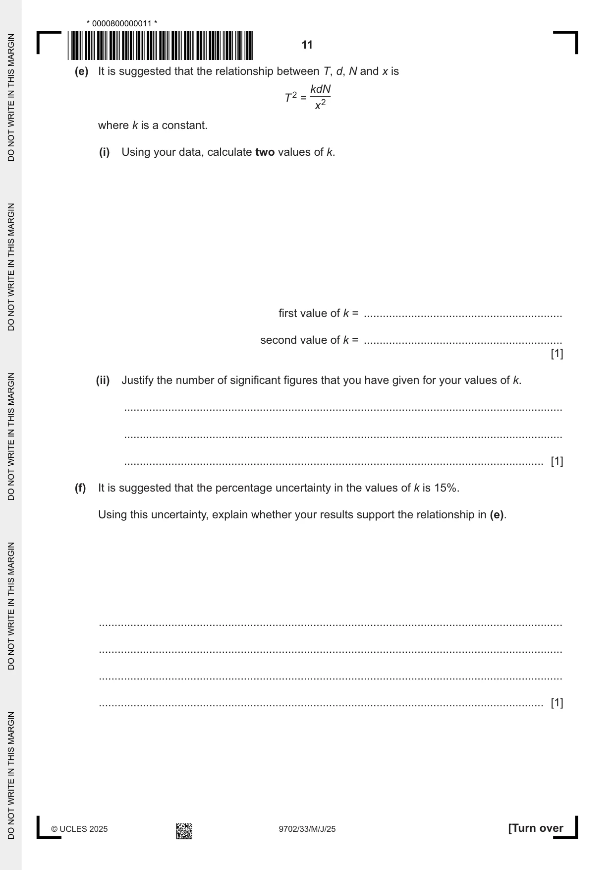 Cambridge A Level Physics 9702 2025 May/June Paper 3 · Variant 3 question paper, page 11 of 12