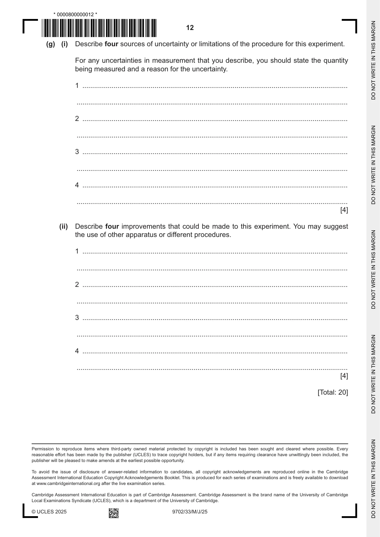 Cambridge A Level Physics 9702 2025 May/June Paper 3 · Variant 3 question paper, page 12 of 12