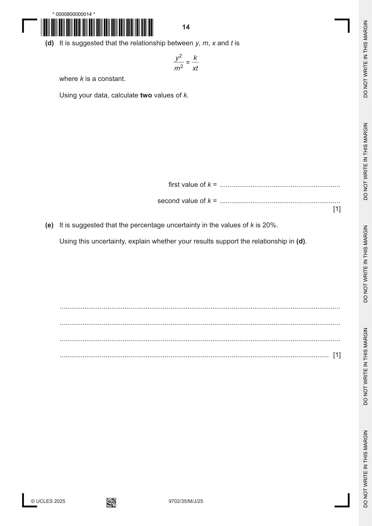 Cambridge A Level Physics 9702 2025 May/June Paper 3 · Variant 5 question paper, page 14 of 16