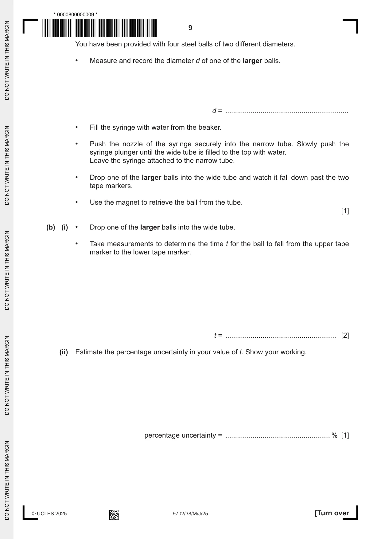 Cambridge A Level Physics 9702 2025 May/June Paper 3 · Variant 8 question paper, page 9 of 12