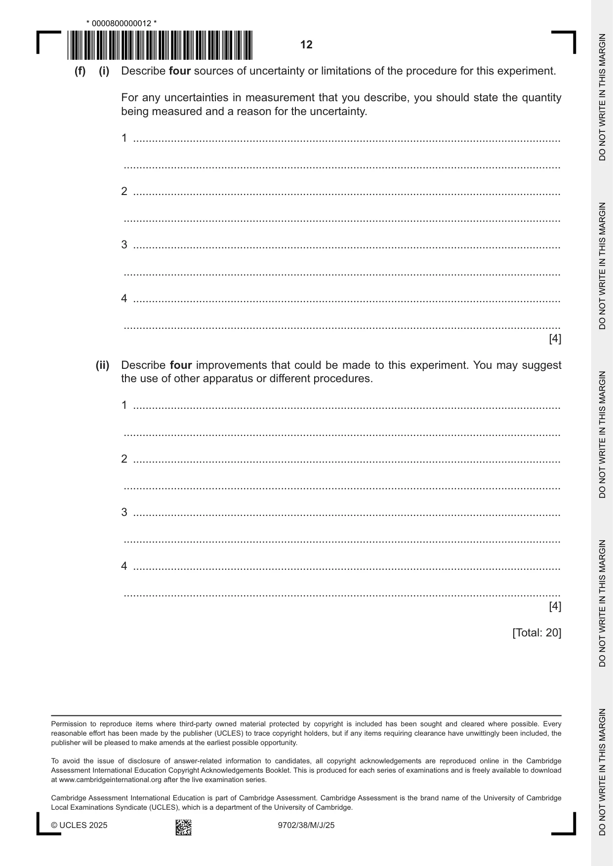 Cambridge A Level Physics 9702 2025 May/June Paper 3 · Variant 8 question paper, page 12 of 12