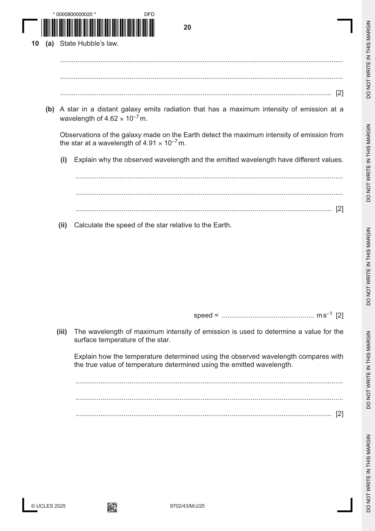 Cambridge A Level Physics 9702 2025 May/June Paper 4 · Variant 3 question paper, page 20 of 24