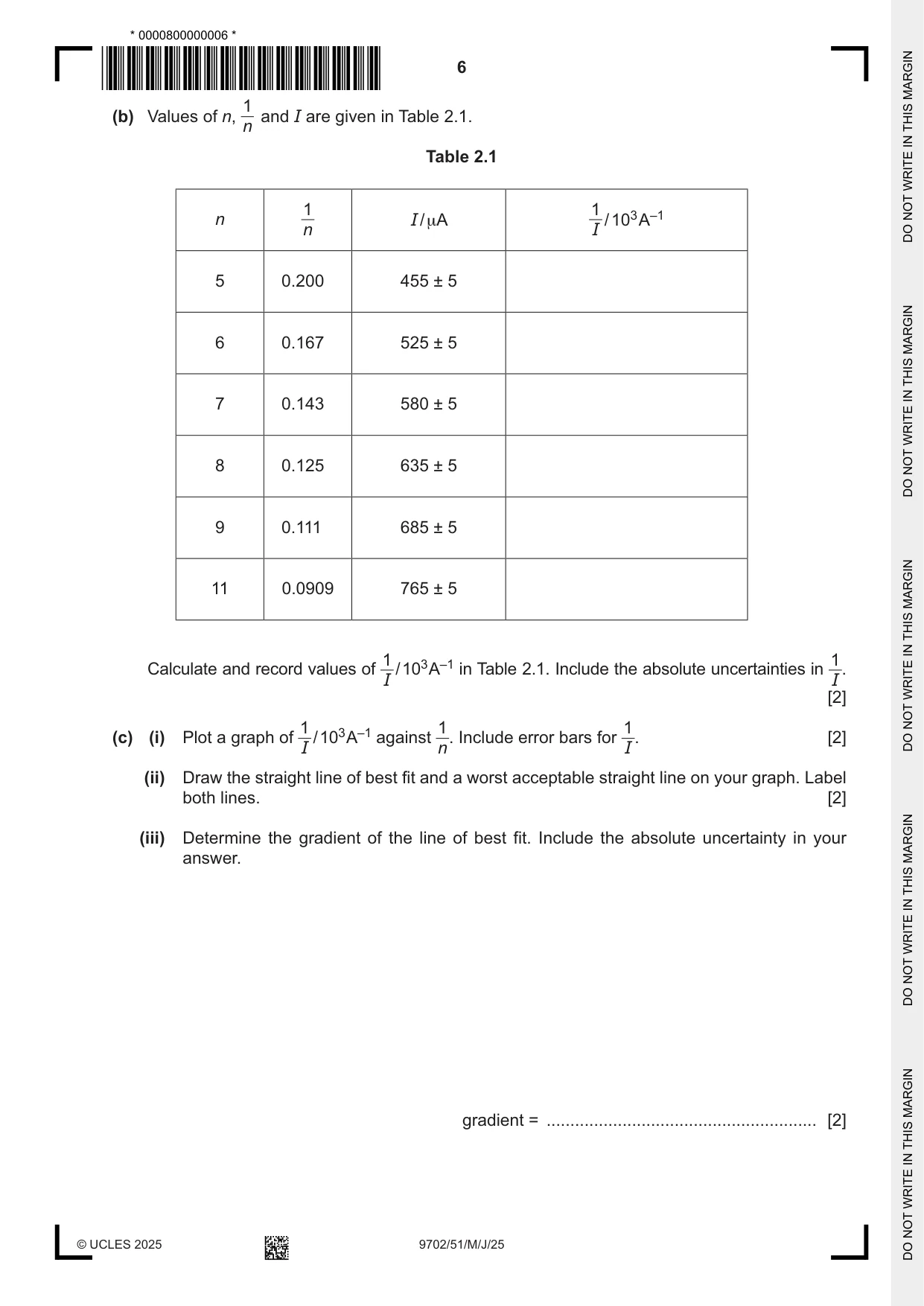 Cambridge A Level Physics 9702 2025 May/June Paper 5 · Variant 1 question paper, page 6 of 8
