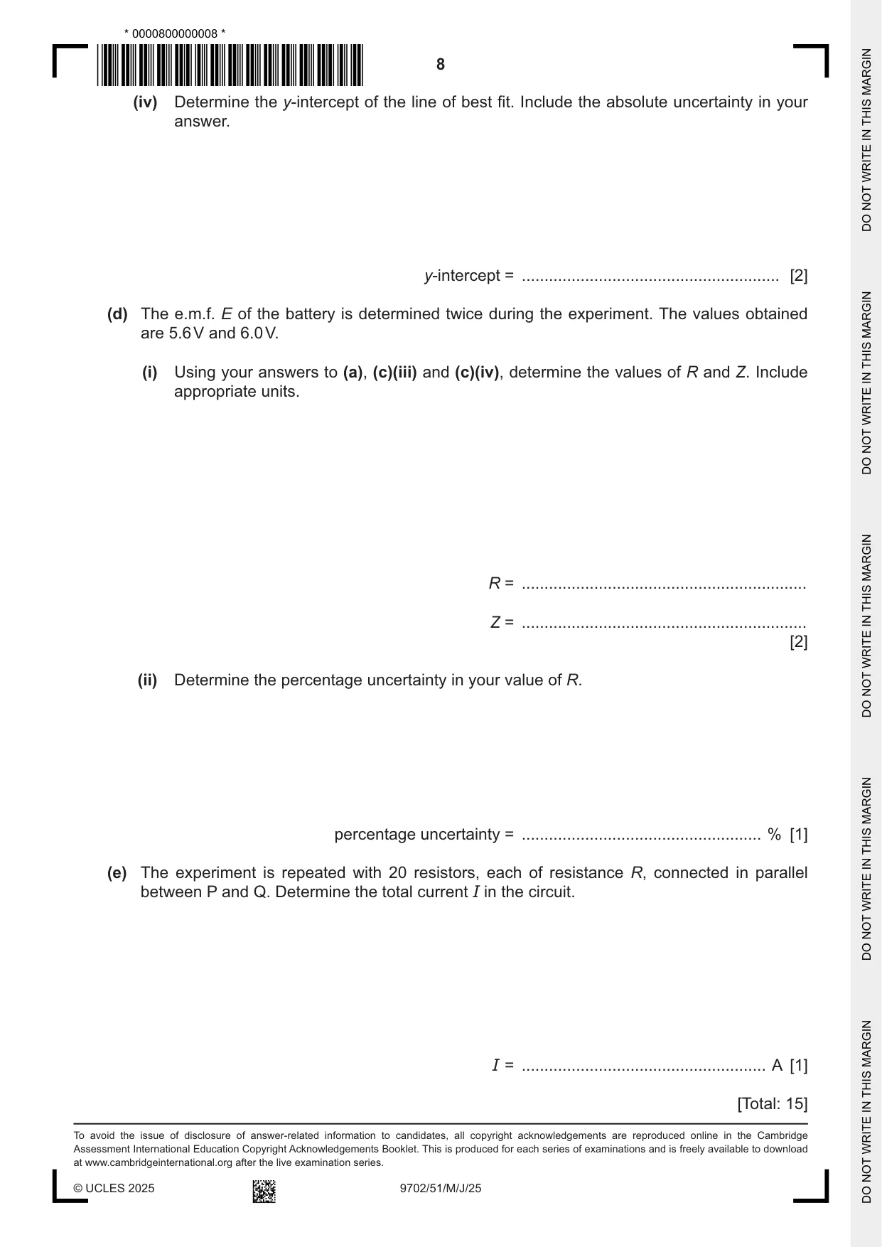 Cambridge A Level Physics 9702 2025 May/June Paper 5 · Variant 1 question paper, page 8 of 8