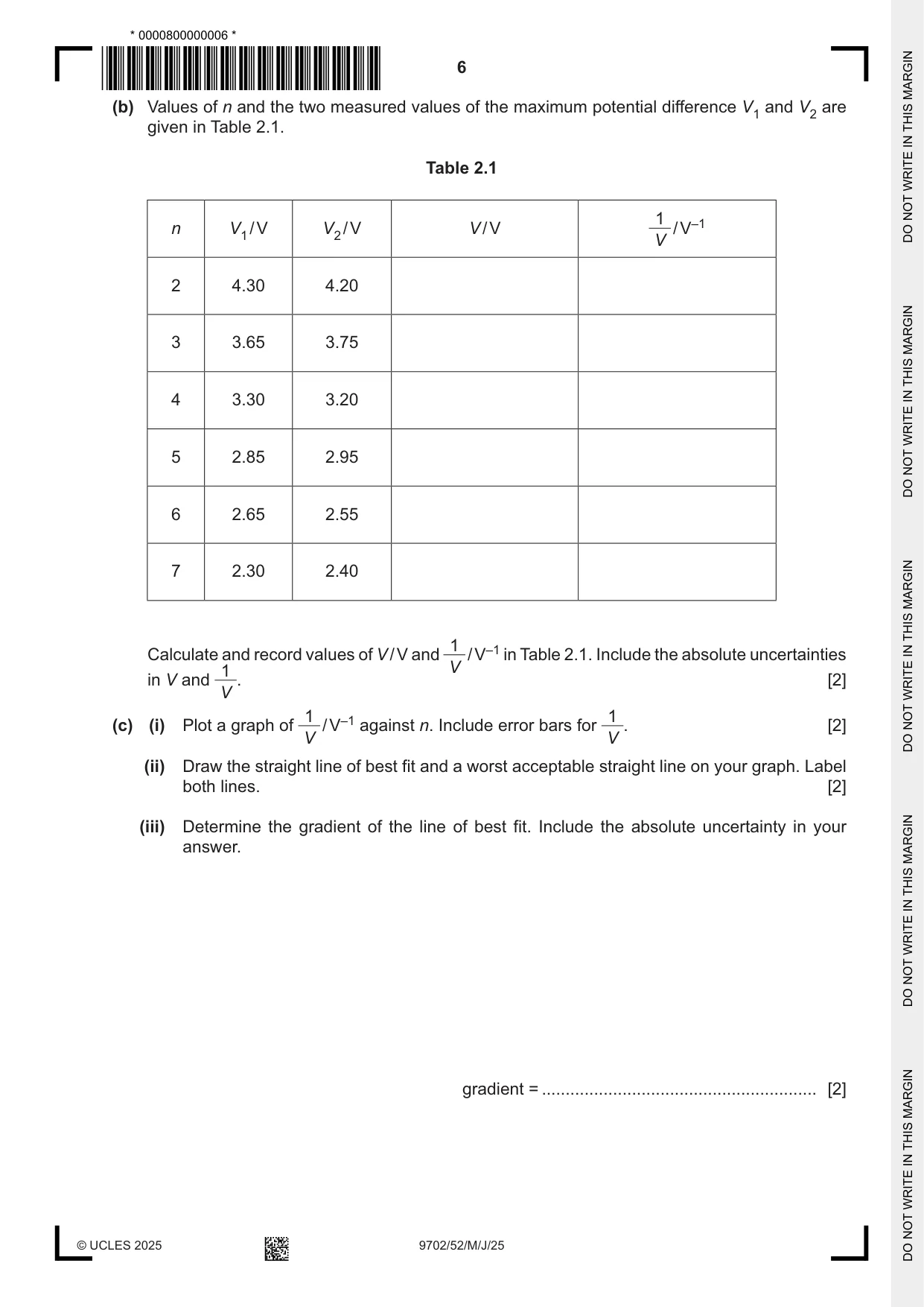 Cambridge A Level Physics 9702 2025 May/June Paper 5 · Variant 2 question paper, page 6 of 8