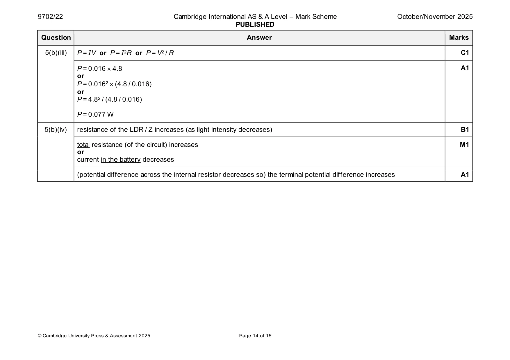 Mark scheme, page 14 of 15