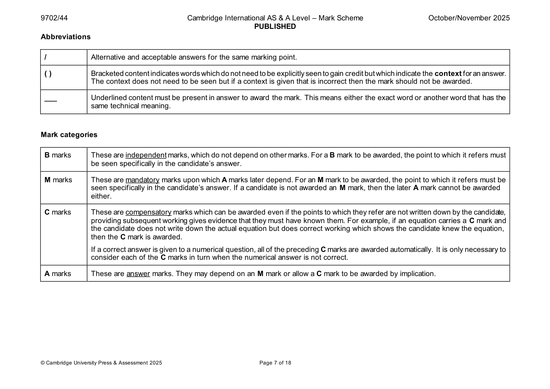 Mark scheme, page 7 of 18