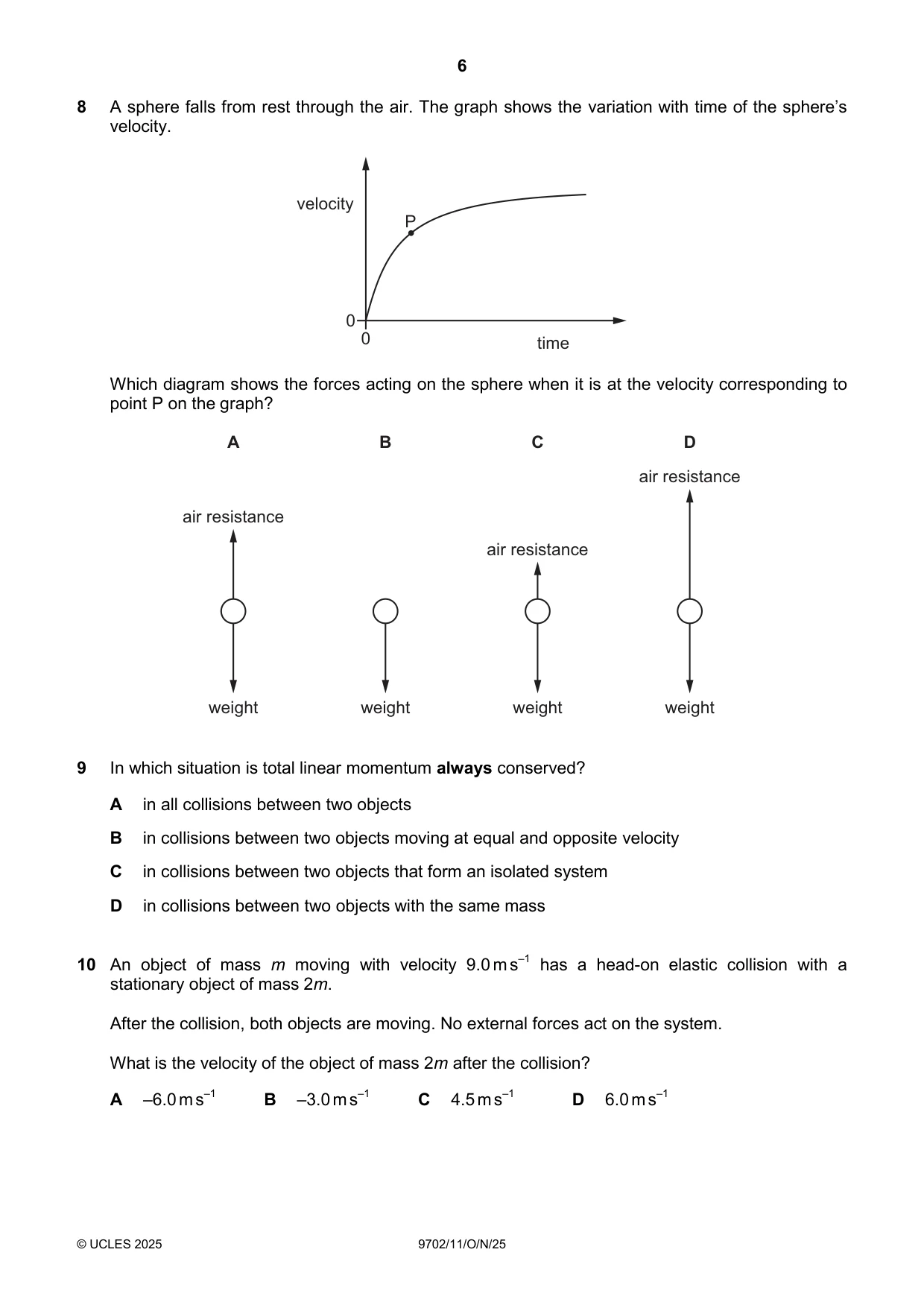 Cambridge A Level Physics 9702 2025 Oct/Nov Paper 1 · Variant 1 question paper, page 6 of 20