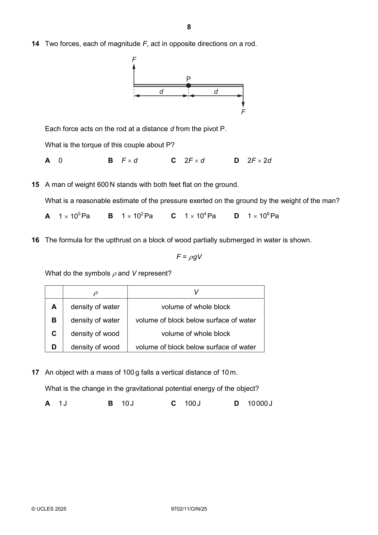 Cambridge A Level Physics 9702 2025 Oct/Nov Paper 1 · Variant 1 question paper, page 8 of 20