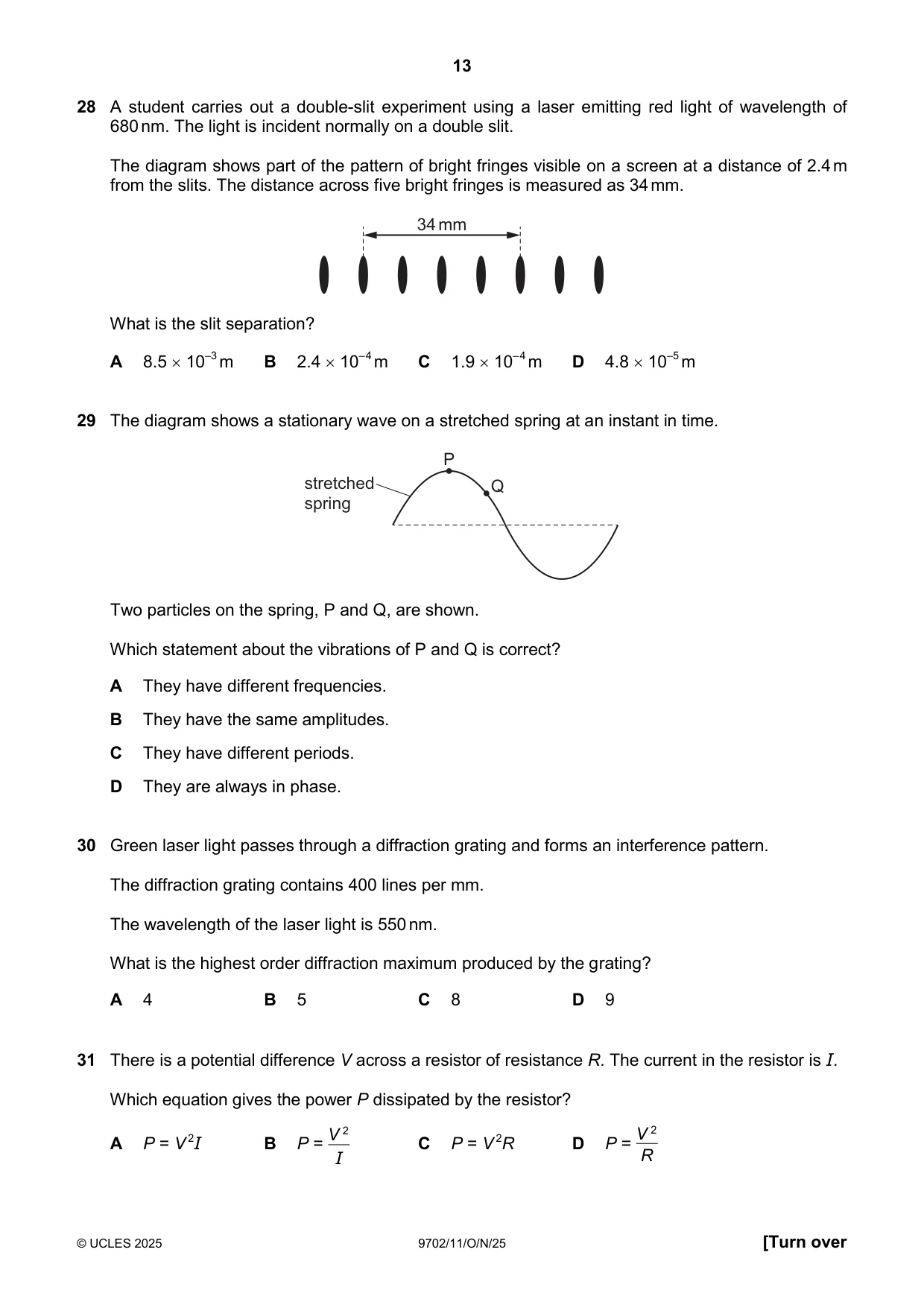 Cambridge A Level Physics 9702 2025 Oct/Nov Paper 1 · Variant 1 question paper, page 13 of 20