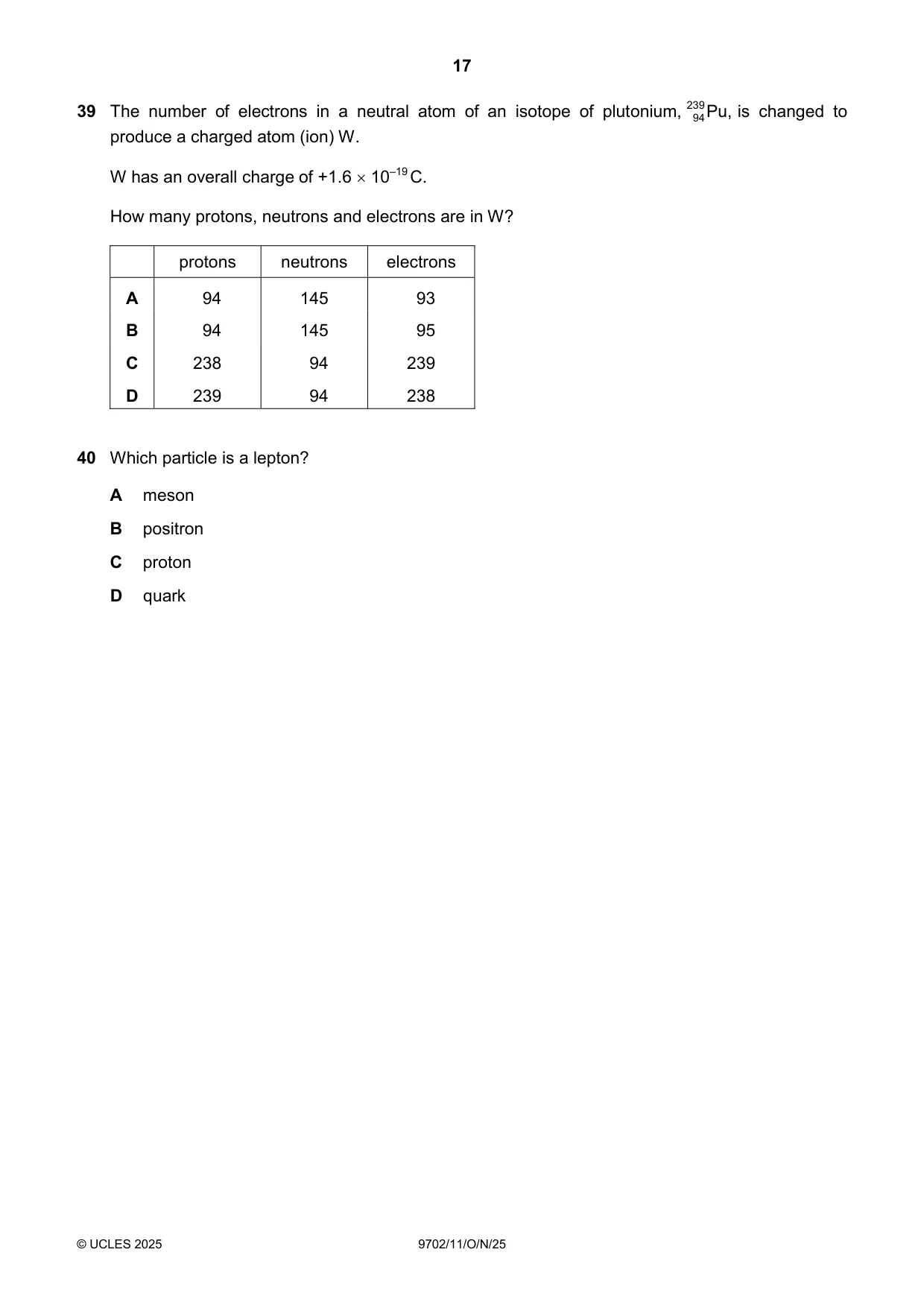 Cambridge A Level Physics 9702 2025 Oct/Nov Paper 1 · Variant 1 question paper, page 17 of 20