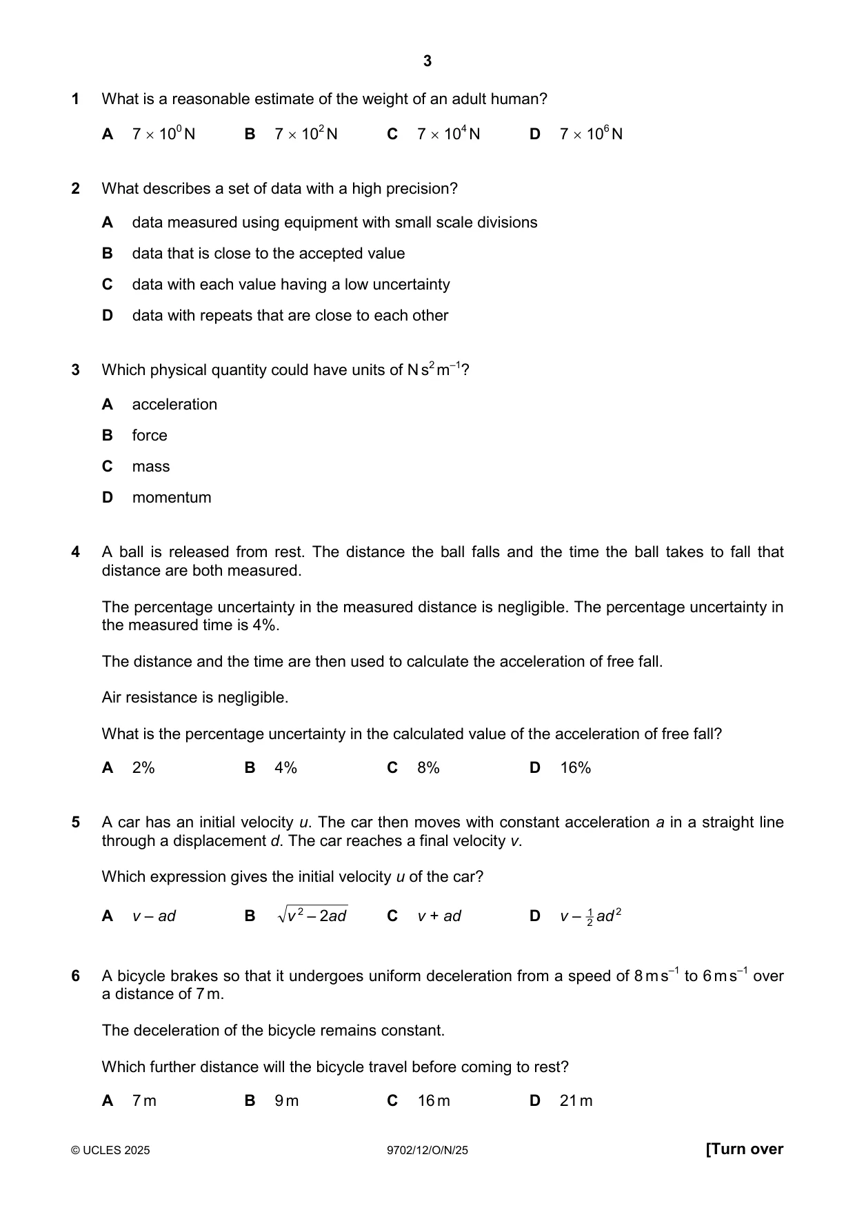 Cambridge A Level Physics 9702 2025 Oct/Nov Paper 1 · Variant 2 question paper, page 3 of 16