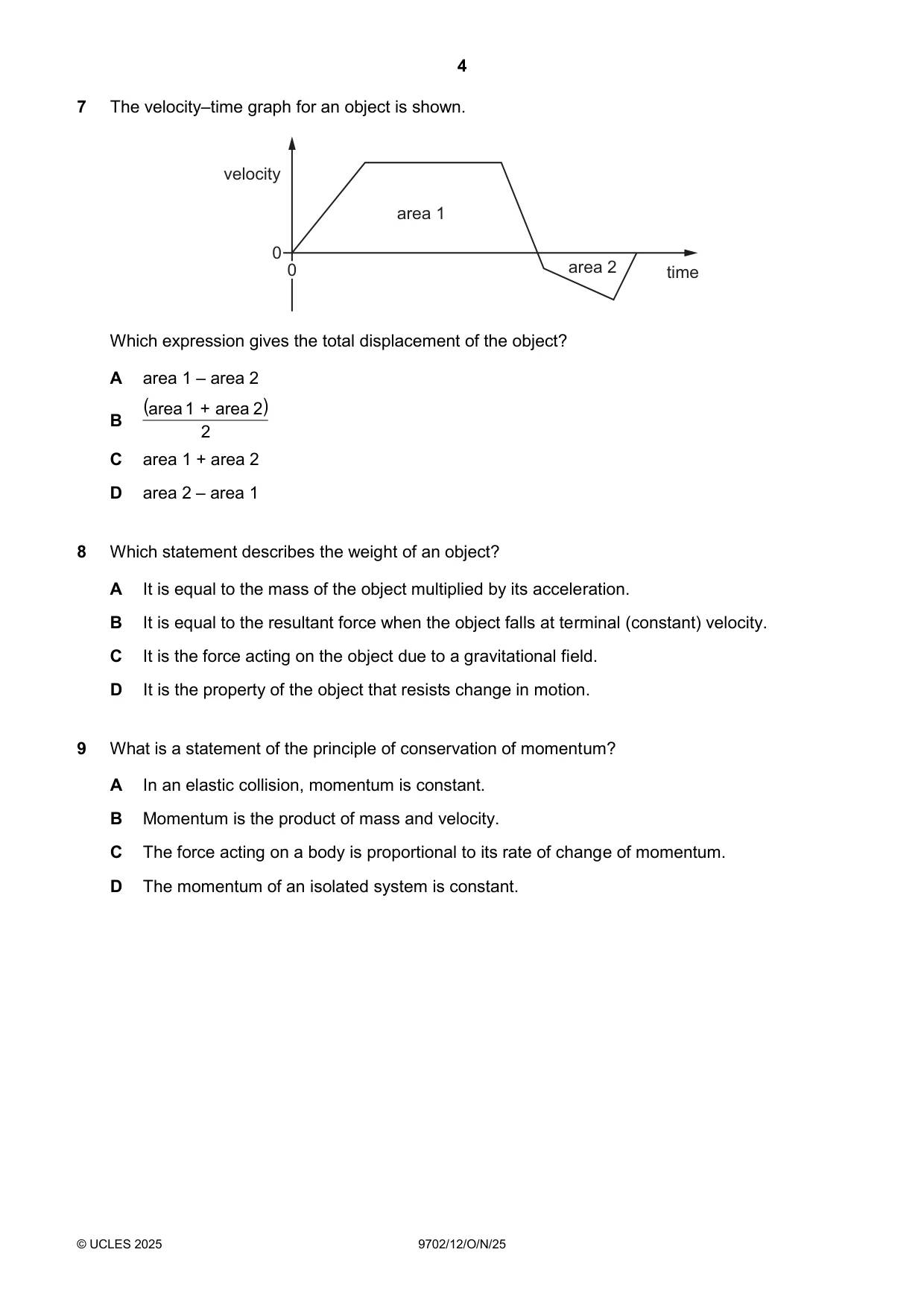 Cambridge A Level Physics 9702 2025 Oct/Nov Paper 1 · Variant 2 question paper, page 4 of 16