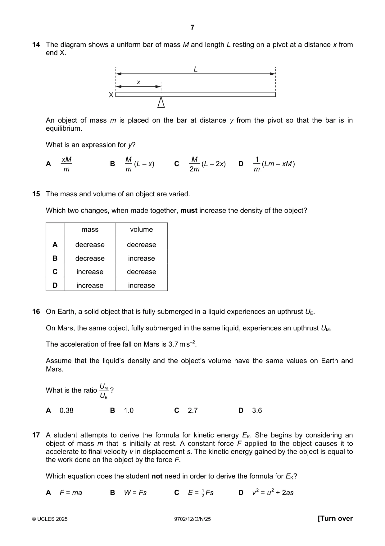 Cambridge A Level Physics 9702 2025 Oct/Nov Paper 1 · Variant 2 question paper, page 7 of 16