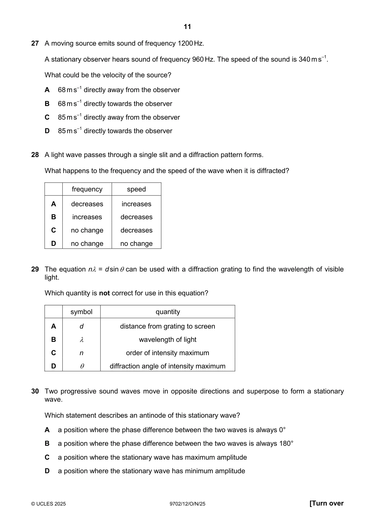 Cambridge A Level Physics 9702 2025 Oct/Nov Paper 1 · Variant 2 question paper, page 11 of 16