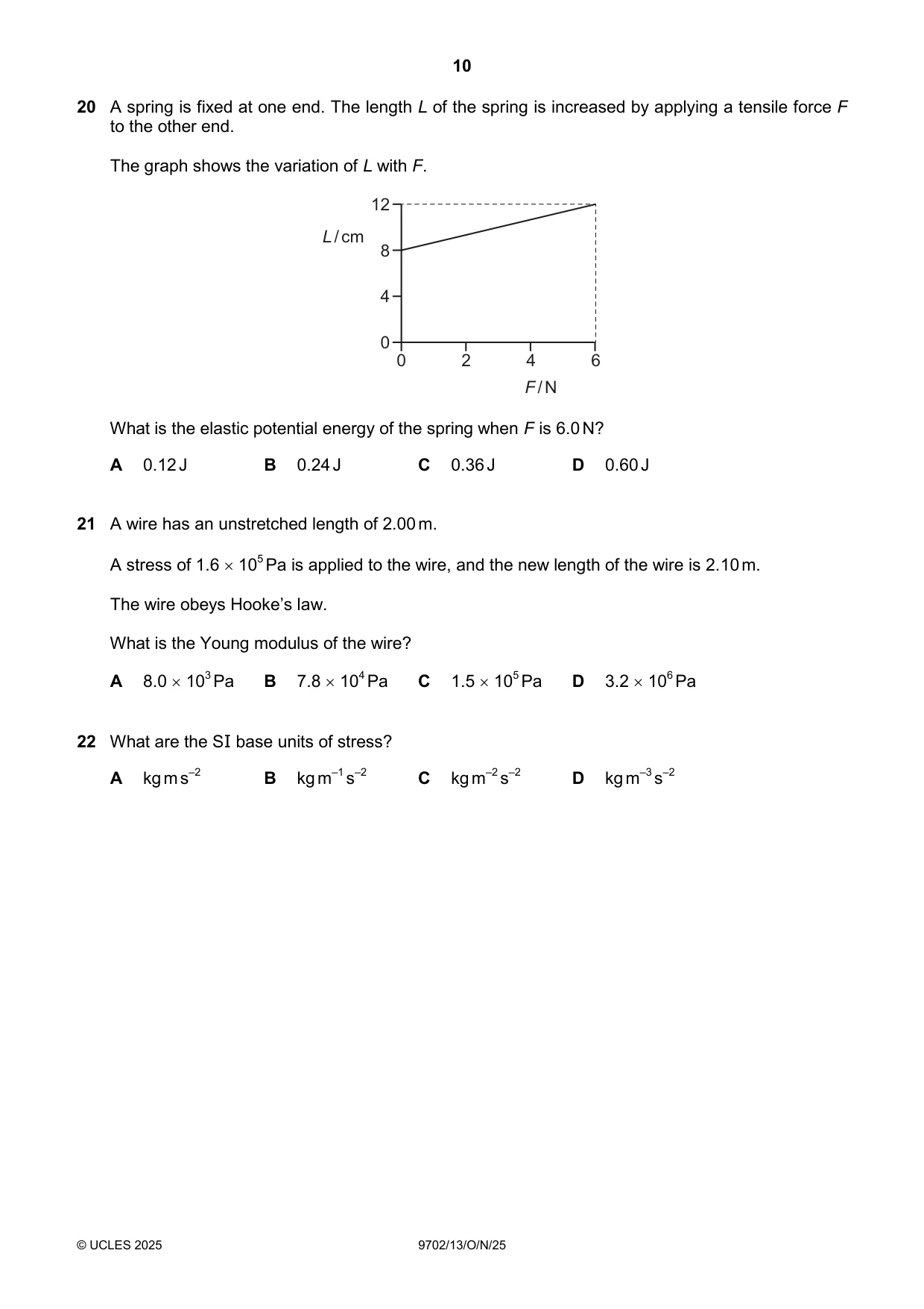 Cambridge A Level Physics 9702 2025 Oct/Nov Paper 1 · Variant 3 question paper, page 10 of 20