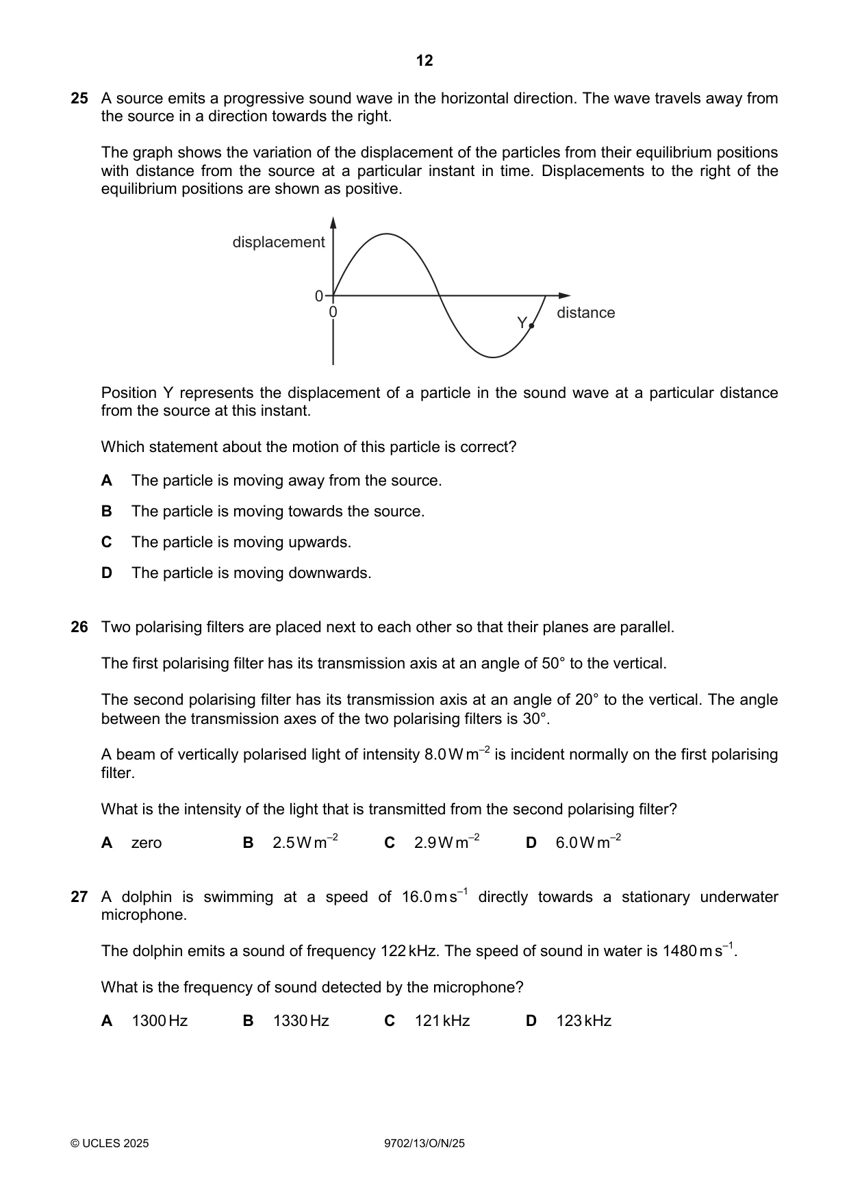 Cambridge A Level Physics 9702 2025 Oct/Nov Paper 1 · Variant 3 question paper, page 12 of 20