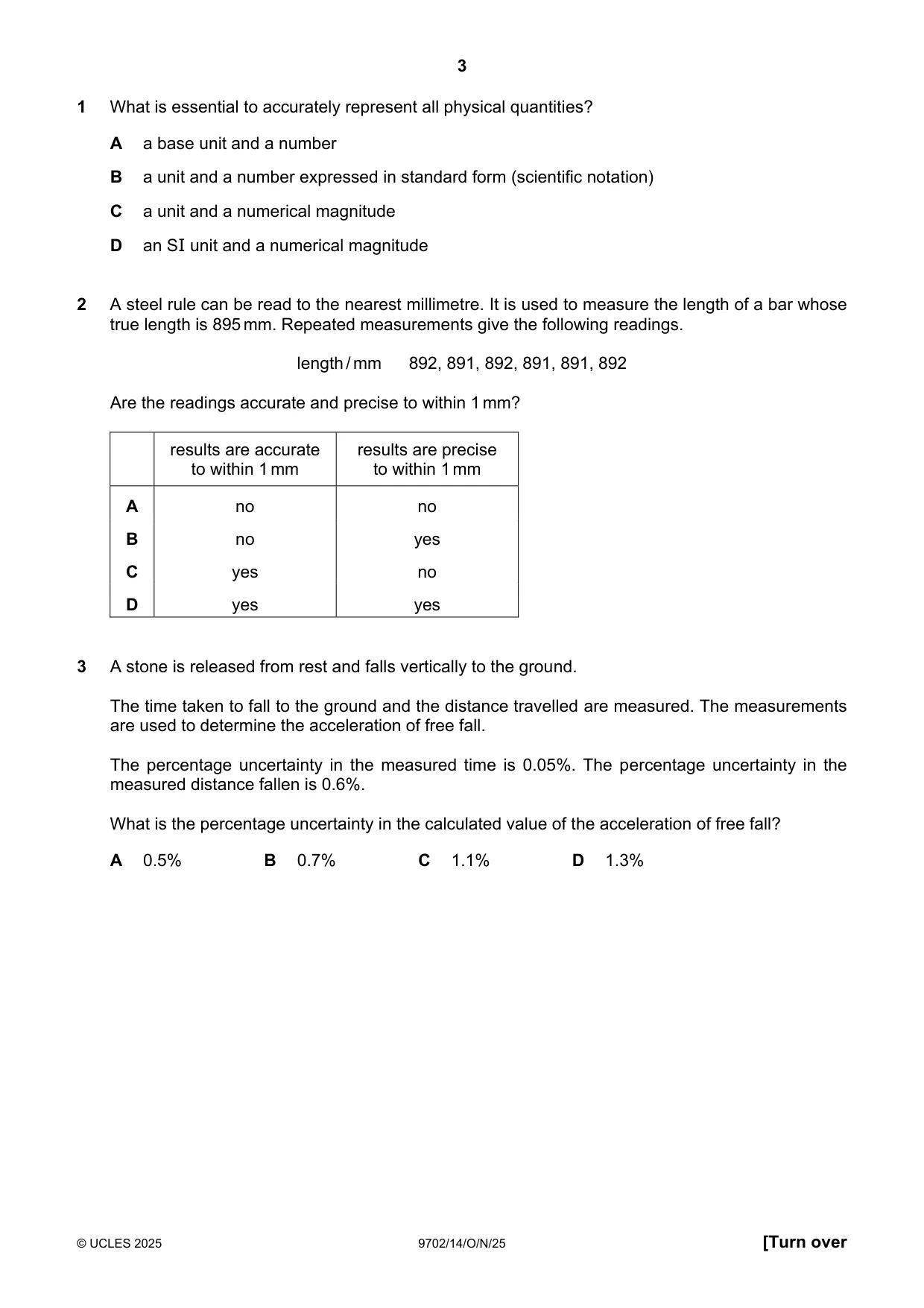 Cambridge A Level Physics 9702 2025 Oct/Nov Paper 1 · Variant 4 question paper, page 3 of 20