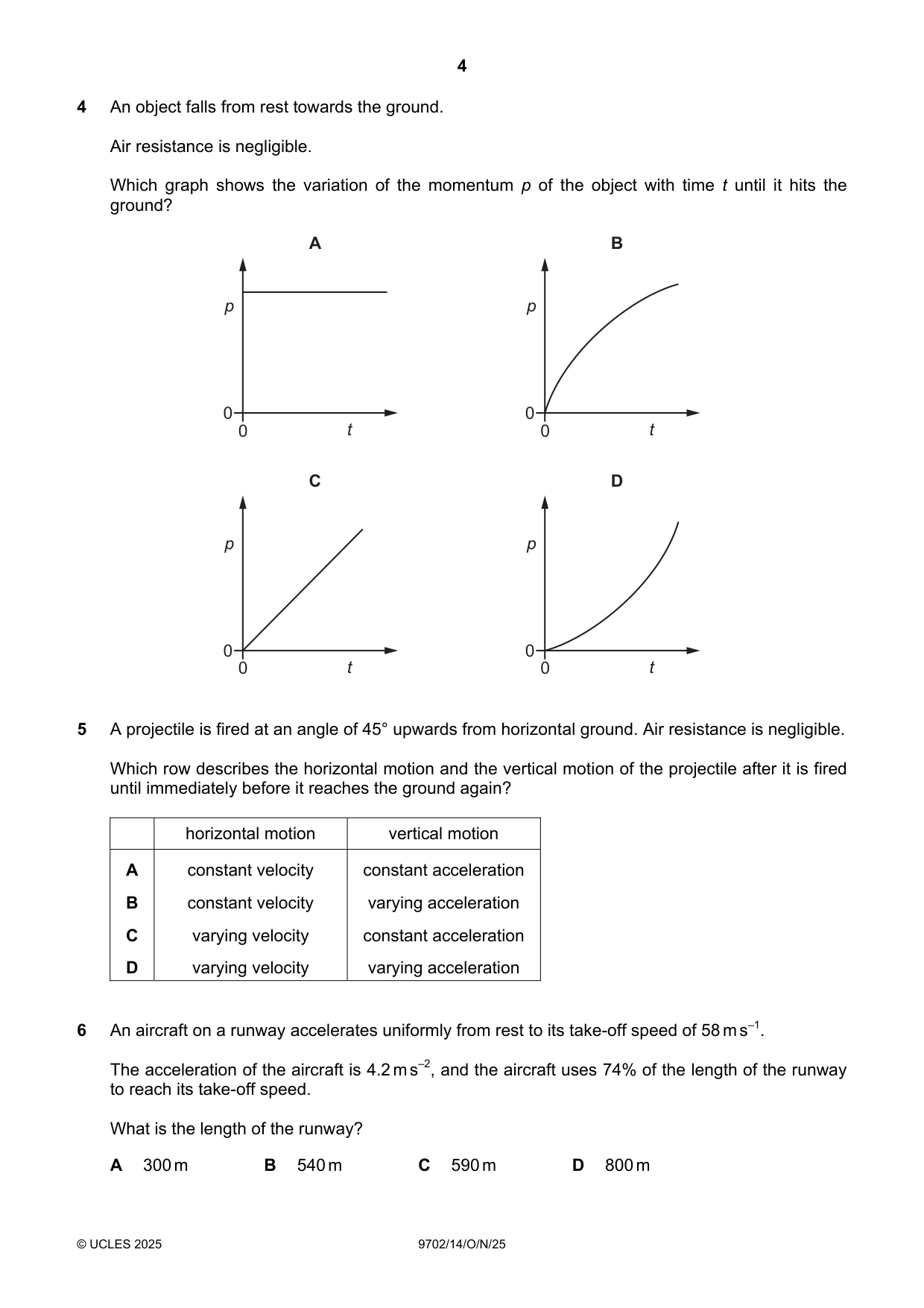 Cambridge A Level Physics 9702 2025 Oct/Nov Paper 1 · Variant 4 question paper, page 4 of 20